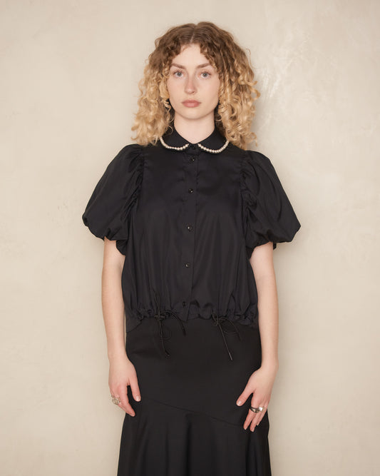 Black and Pearl Puff Sleeve Toggle Shirt