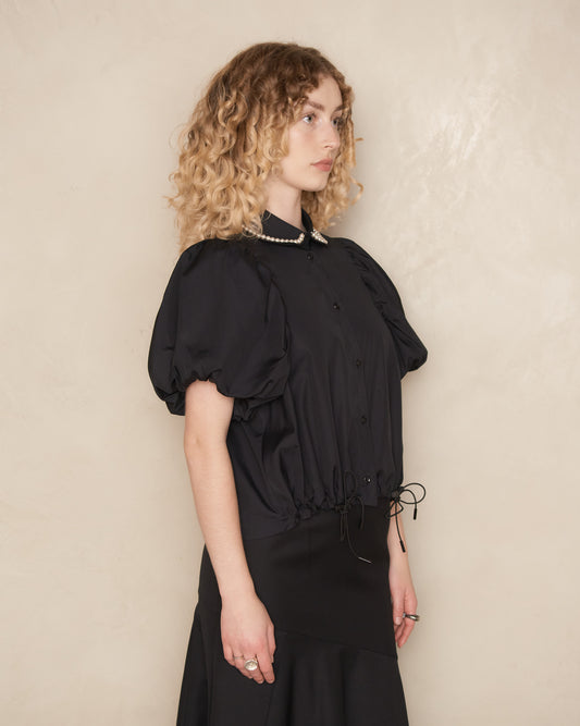 Black and Pearl Puff Sleeve Toggle Shirt