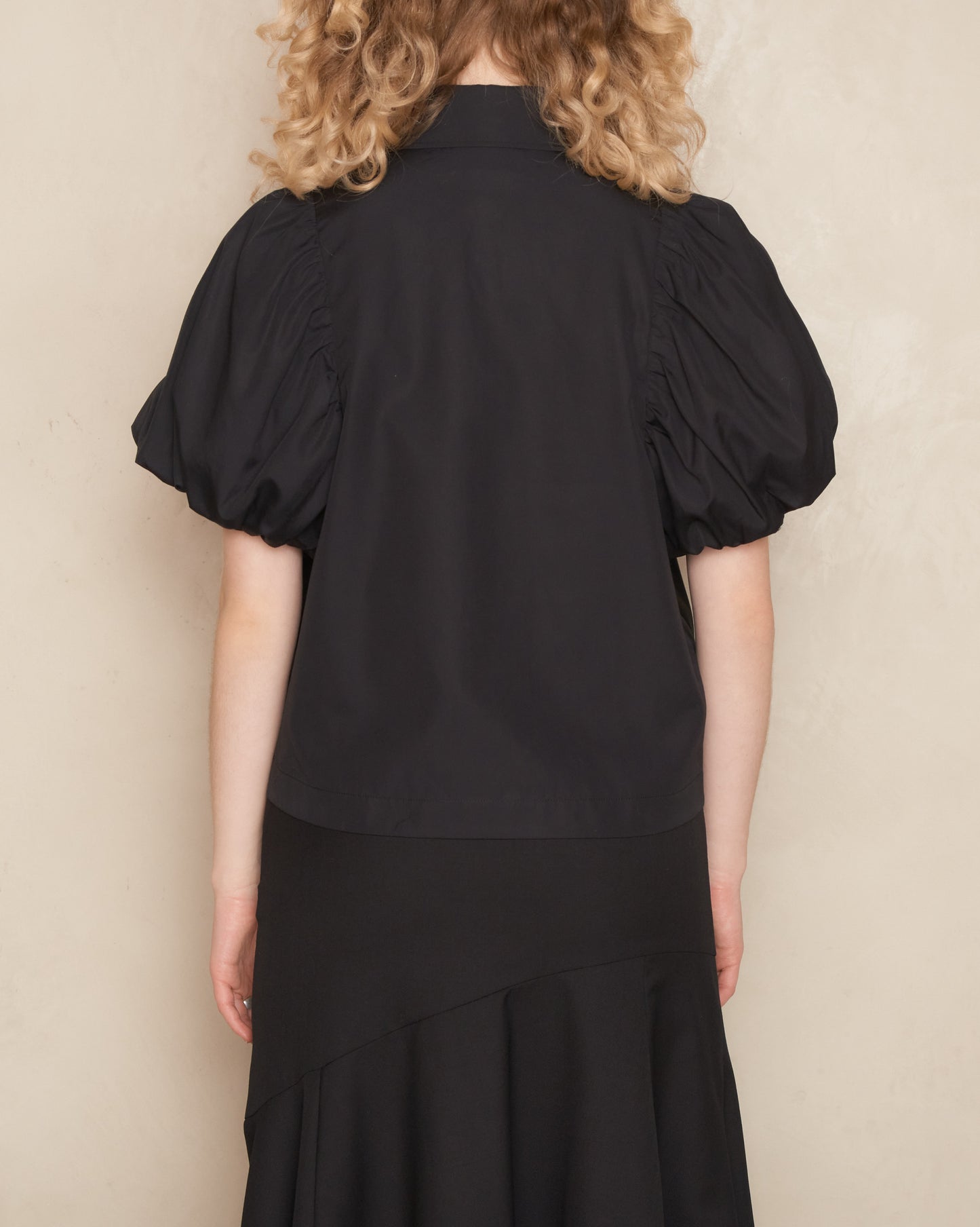 Black and Pearl Puff Sleeve Toggle Shirt