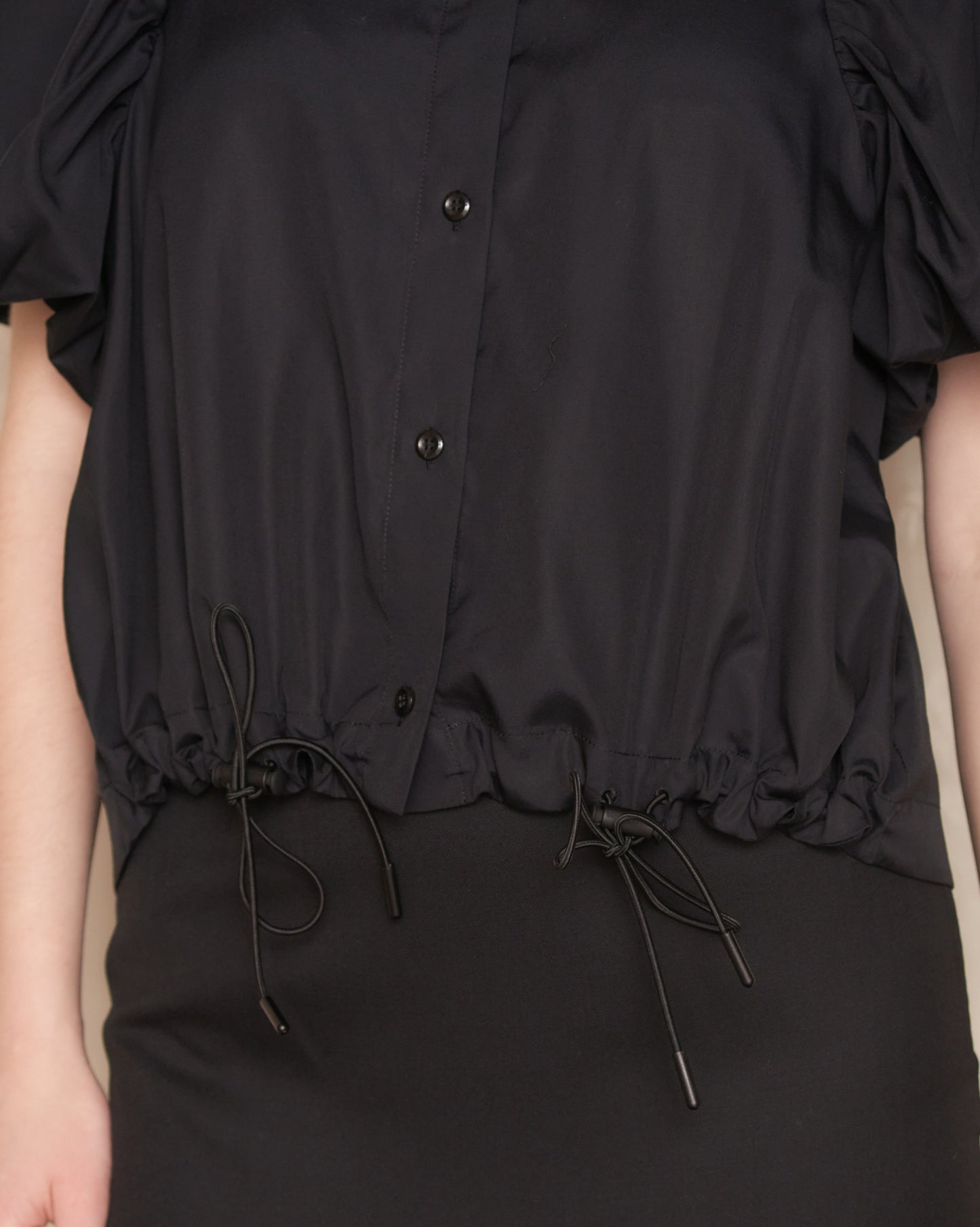 Black and Pearl Puff Sleeve Toggle Shirt