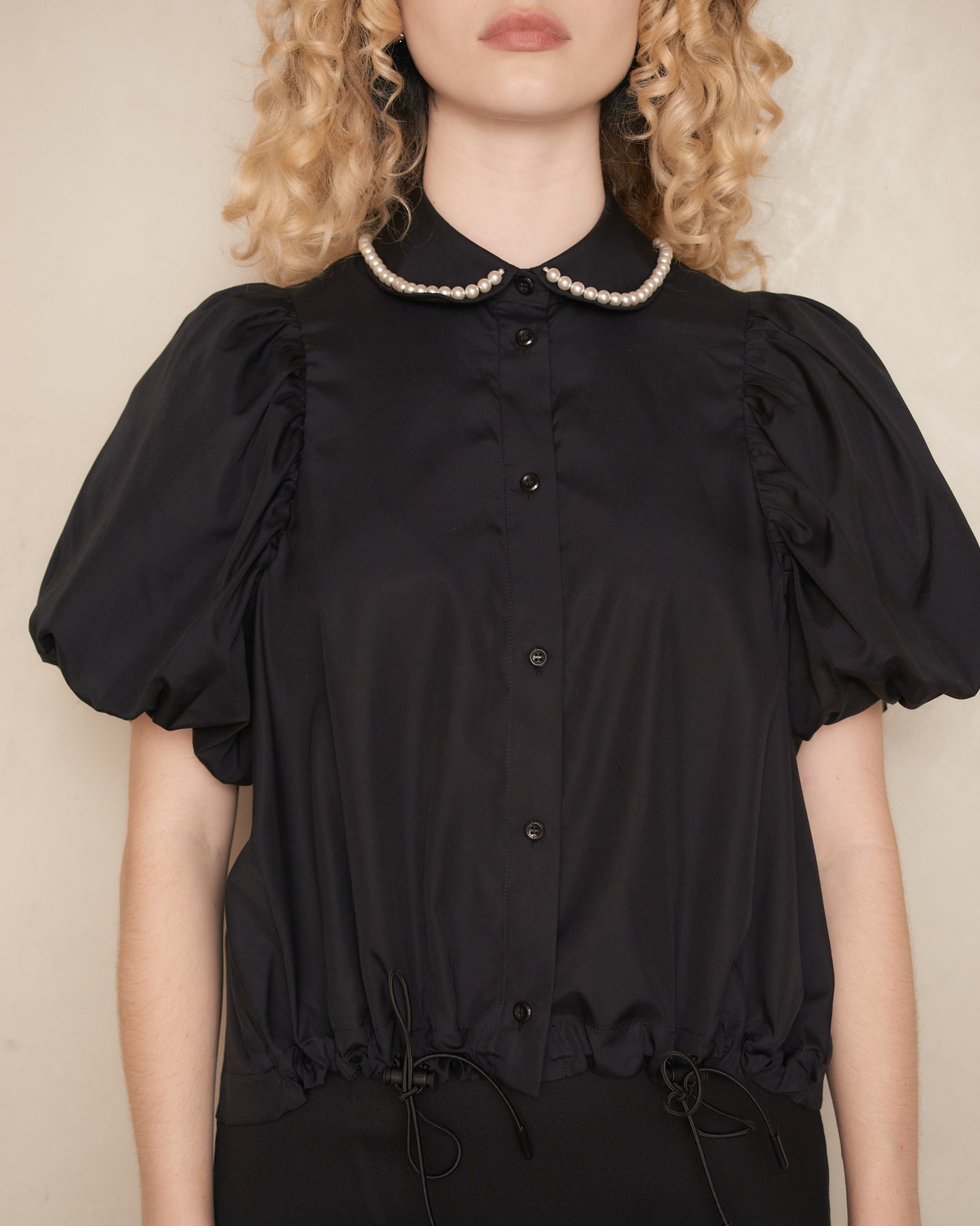 Black and Pearl Puff Sleeve Toggle Shirt