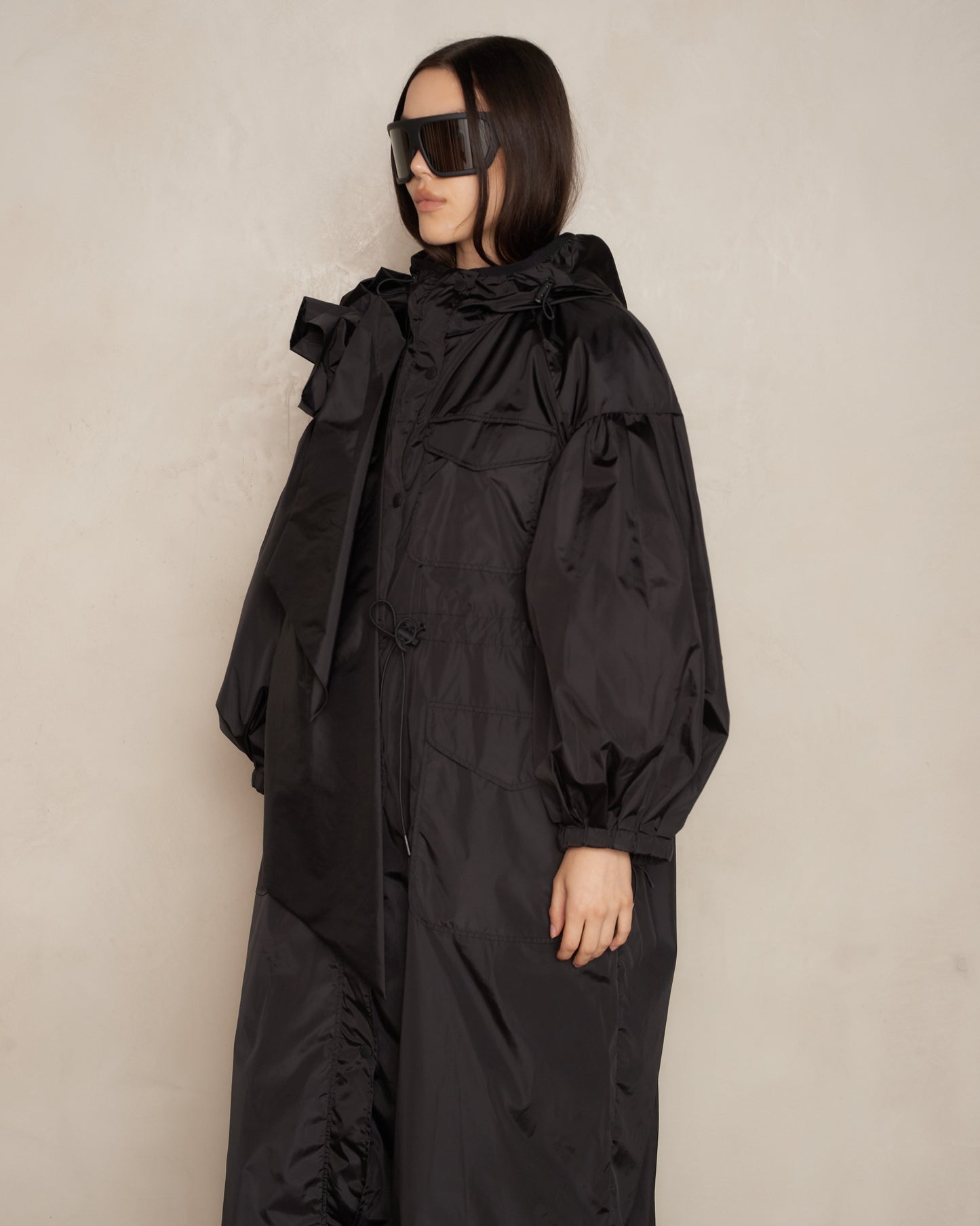 Black Puff Sleeve Pressed Rose Pocket Parka