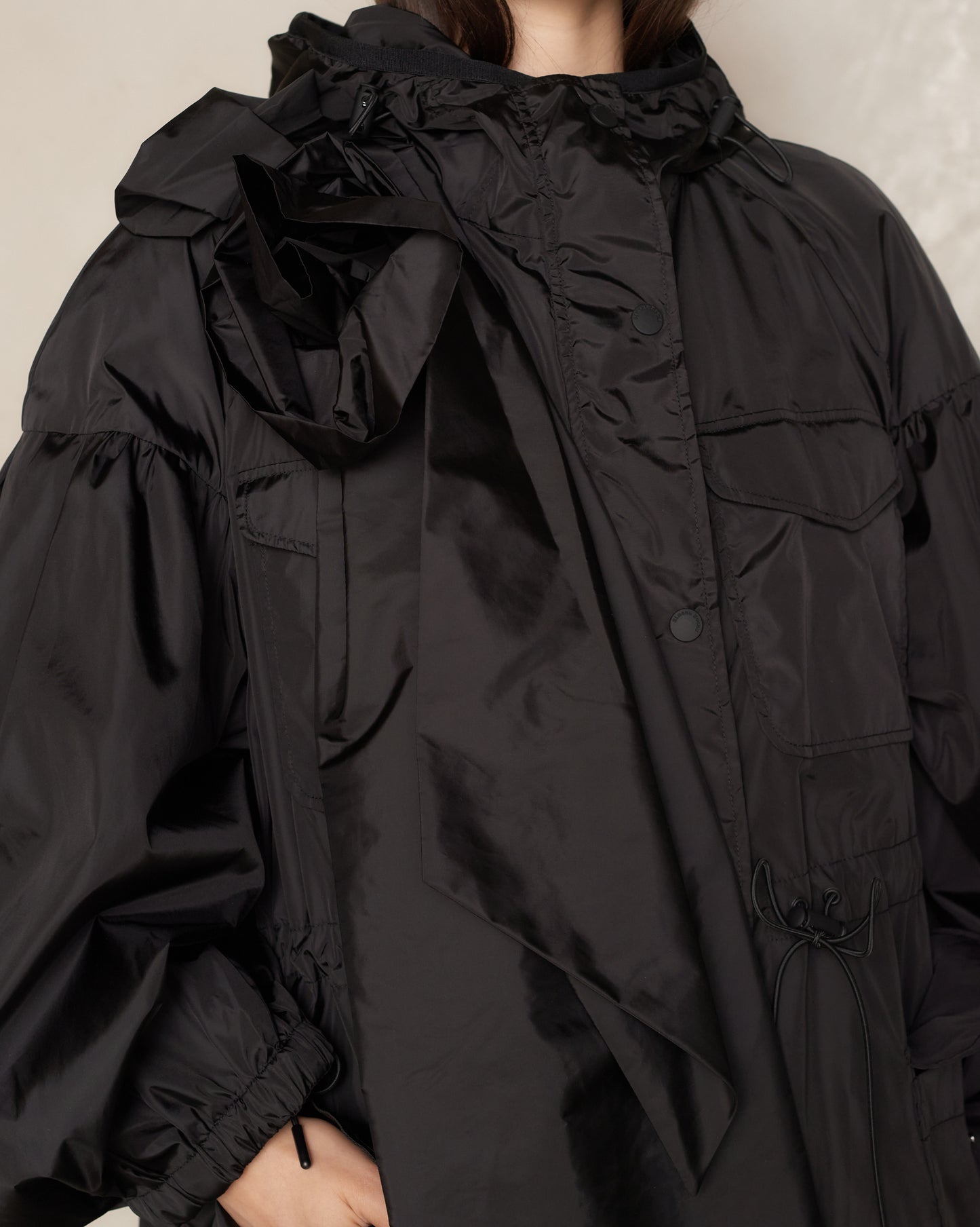 Black Puff Sleeve Pressed Rose Pocket Parka