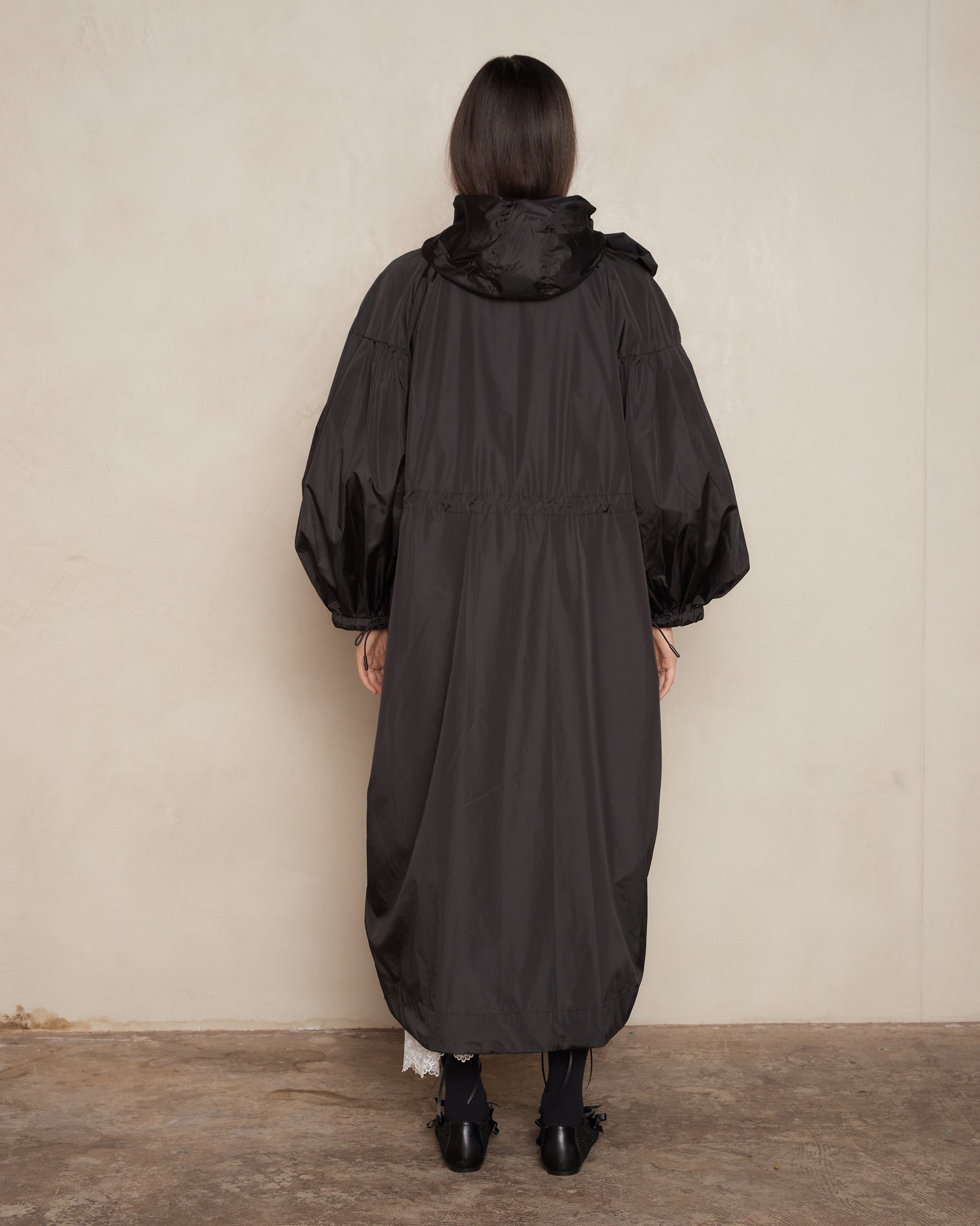 Black Puff Sleeve Pressed Rose Pocket Parka