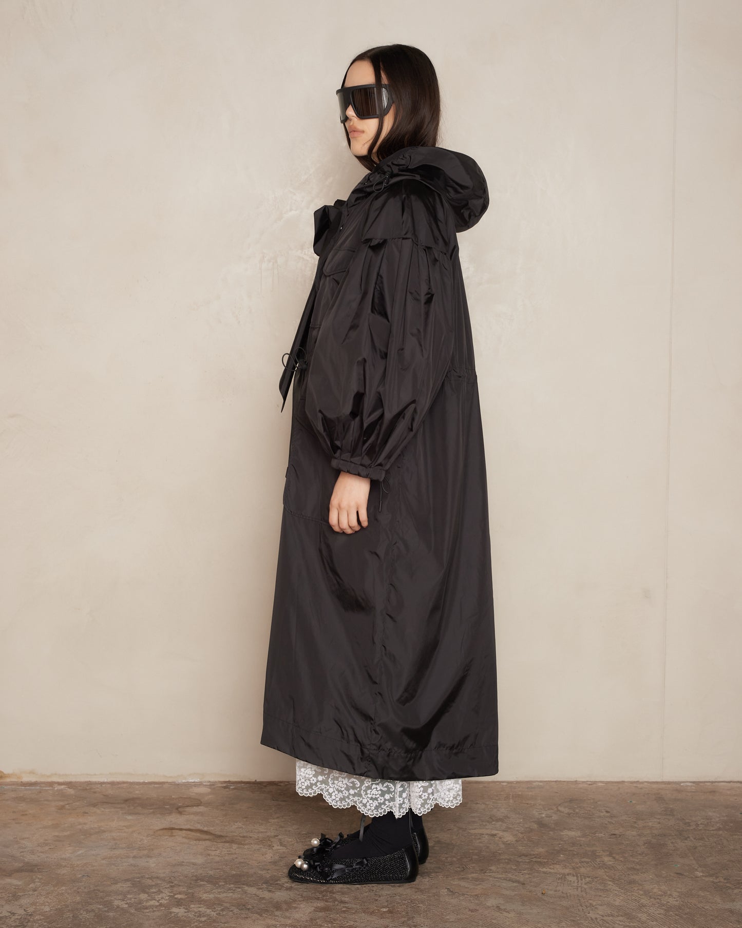 Black Puff Sleeve Pressed Rose Pocket Parka