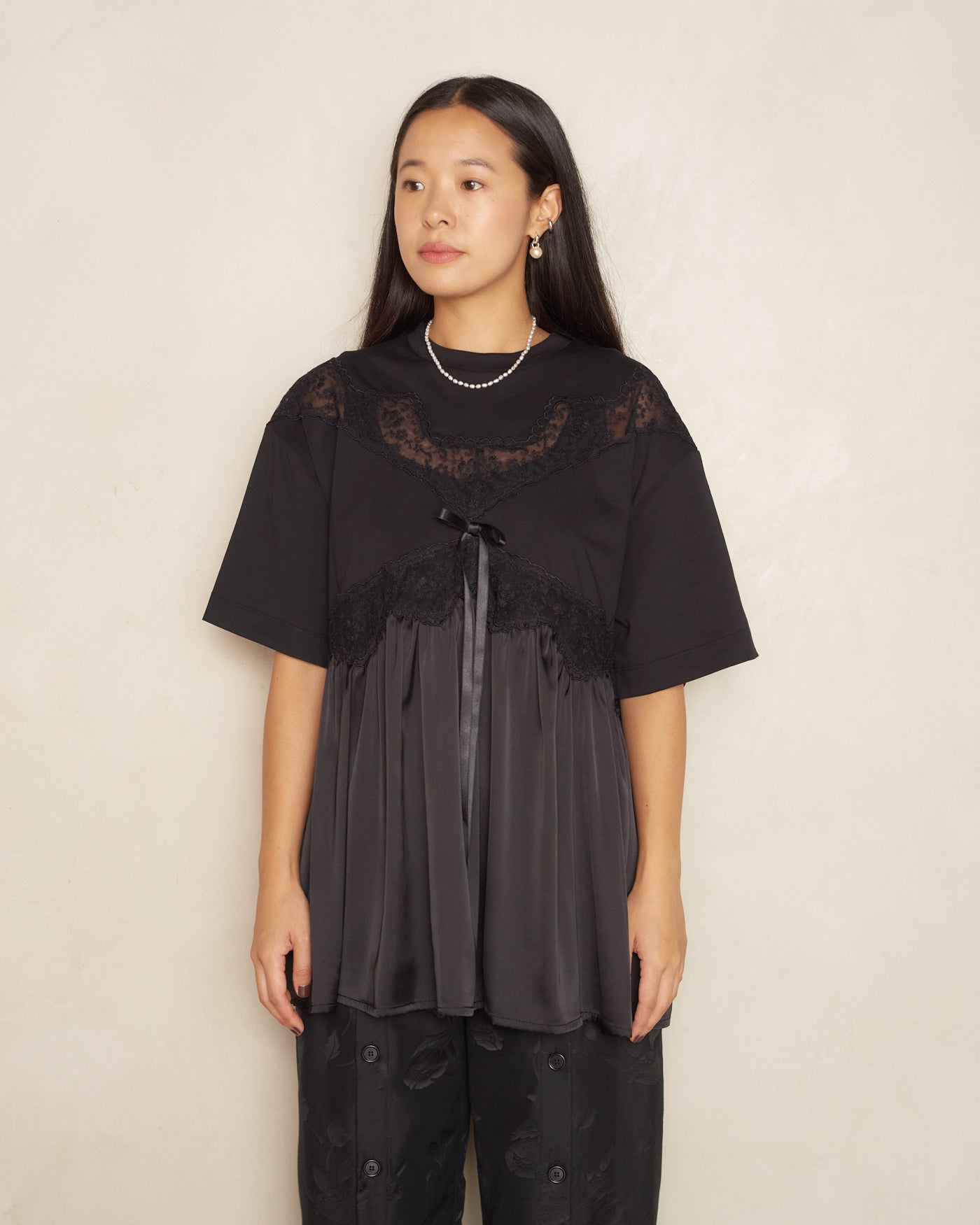 Black Satin Patchwork Short Sleeve T-shirt