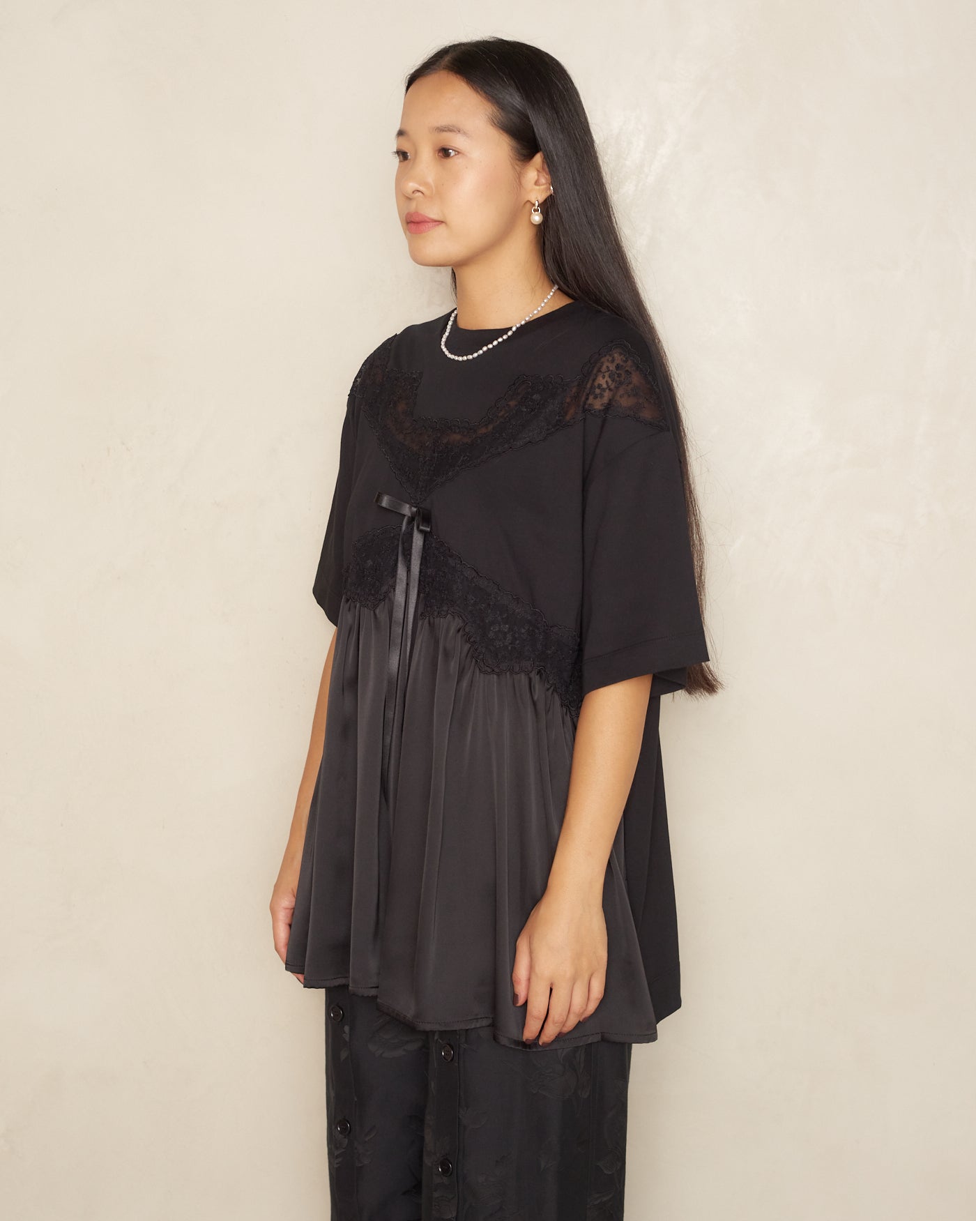 Black Satin Patchwork Short Sleeve T-shirt