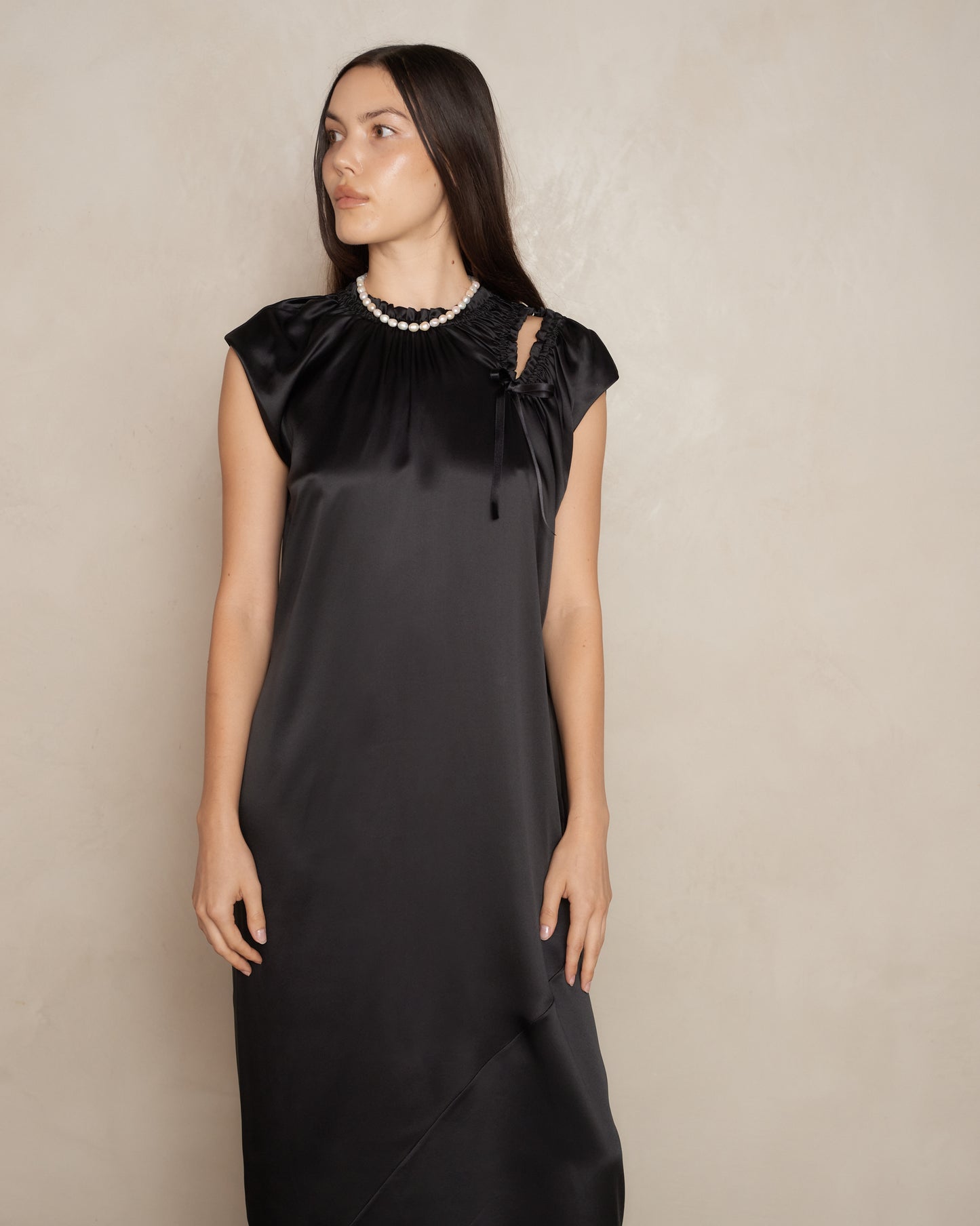 Black Satin Sack Shoulder Bite Dress