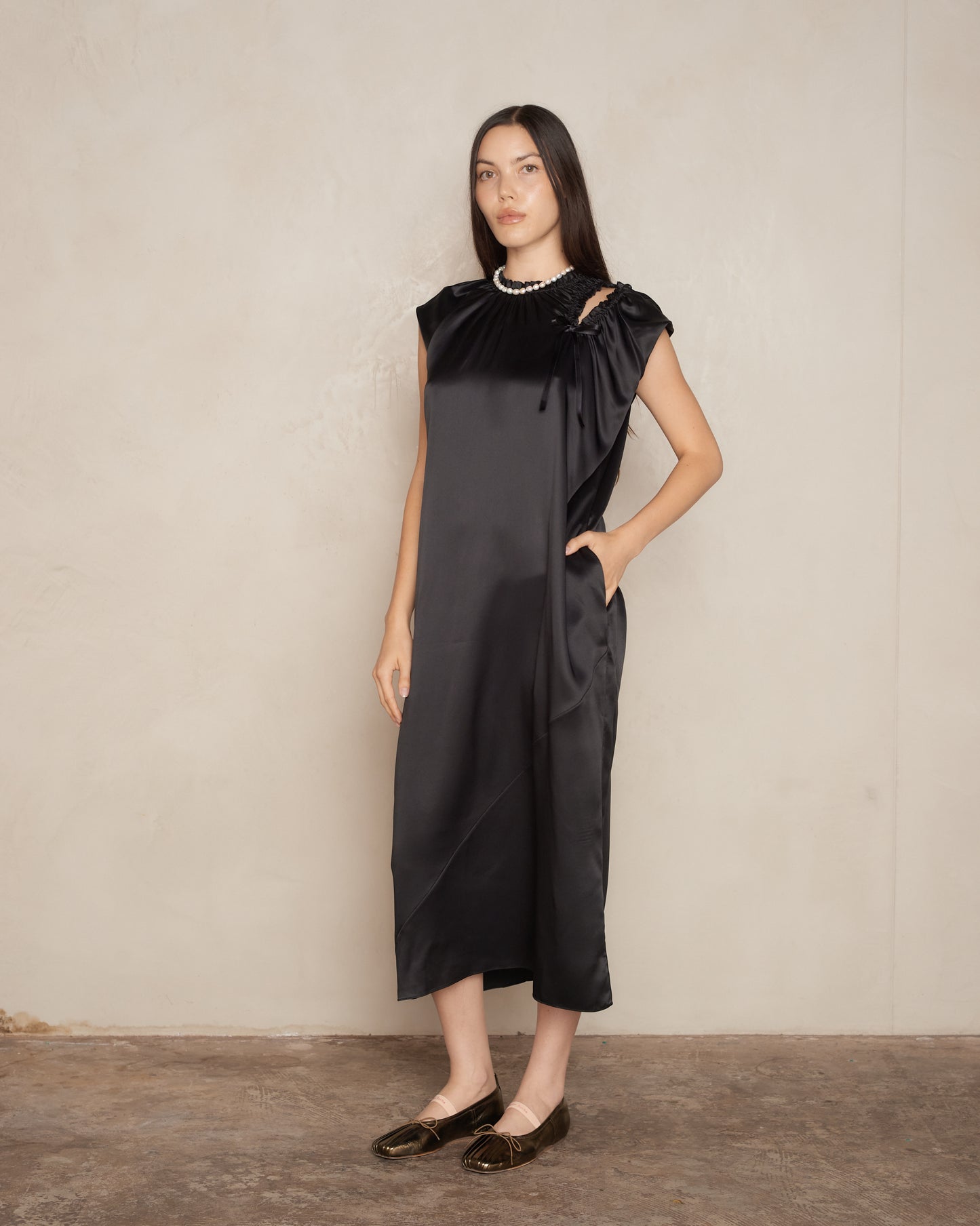 Black Satin Sack Shoulder Bite Dress