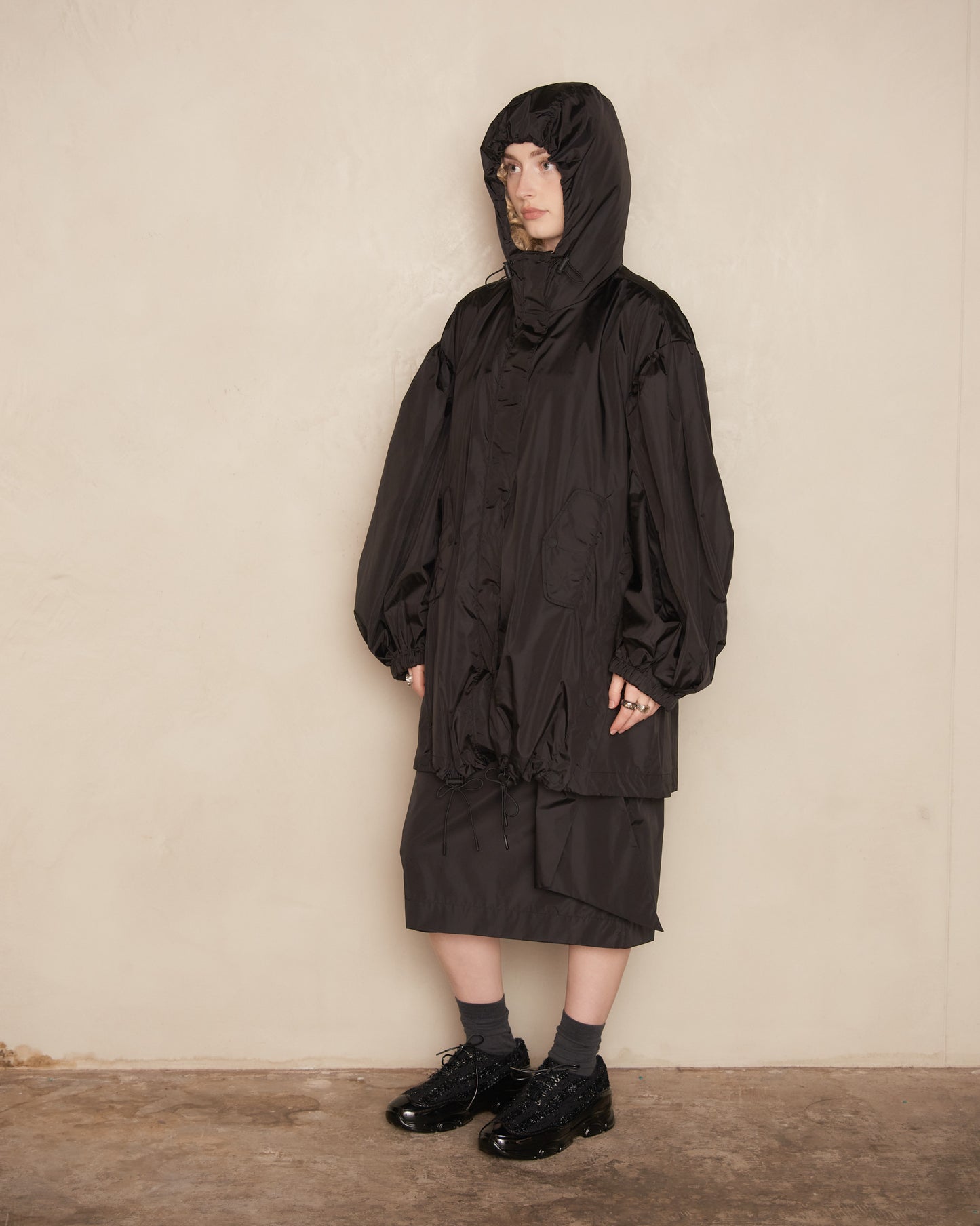 Black Trapeze Puff Sleeve Parka