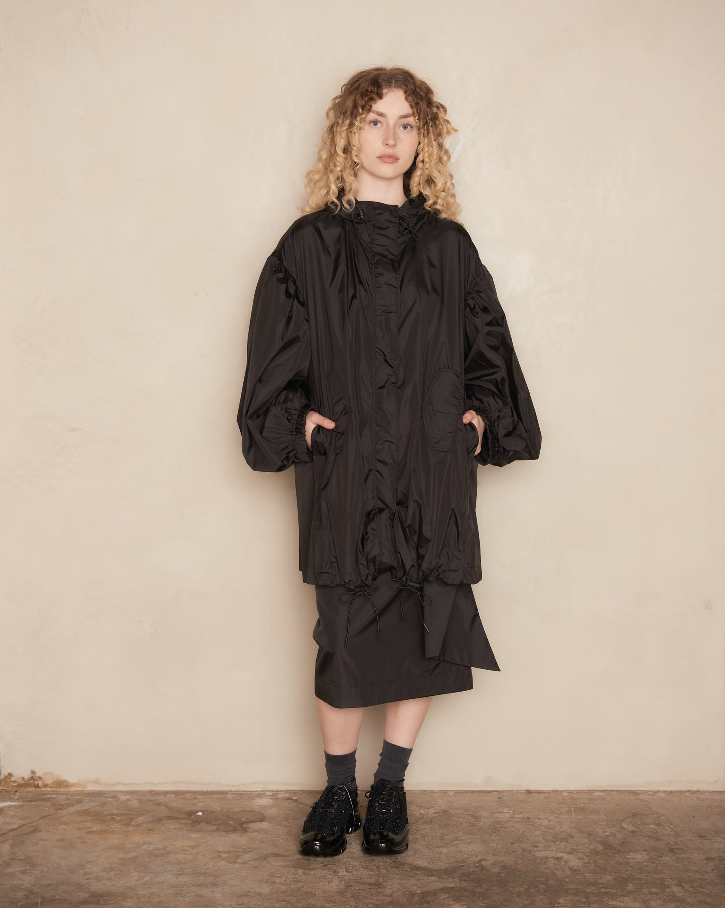 Black Trapeze Puff Sleeve Parka