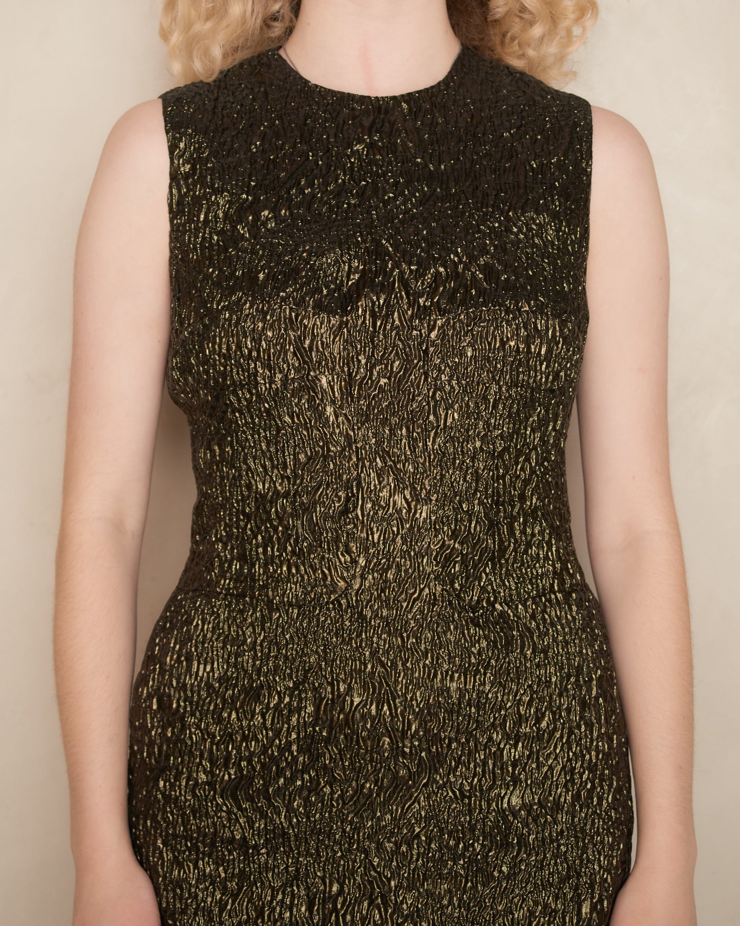 Metallic Moss Sleeveless Dart Dress