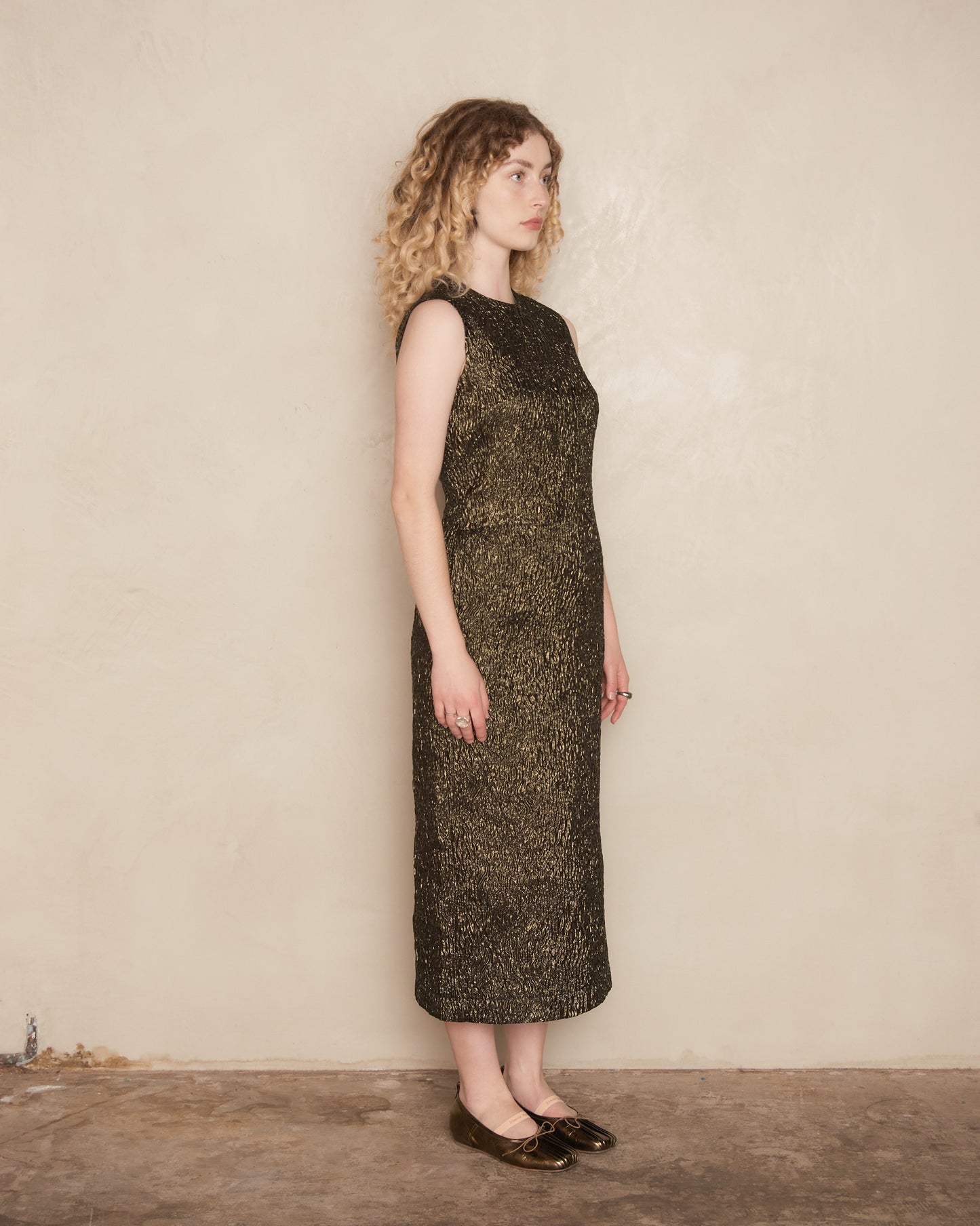 Metallic Moss Sleeveless Dart Dress