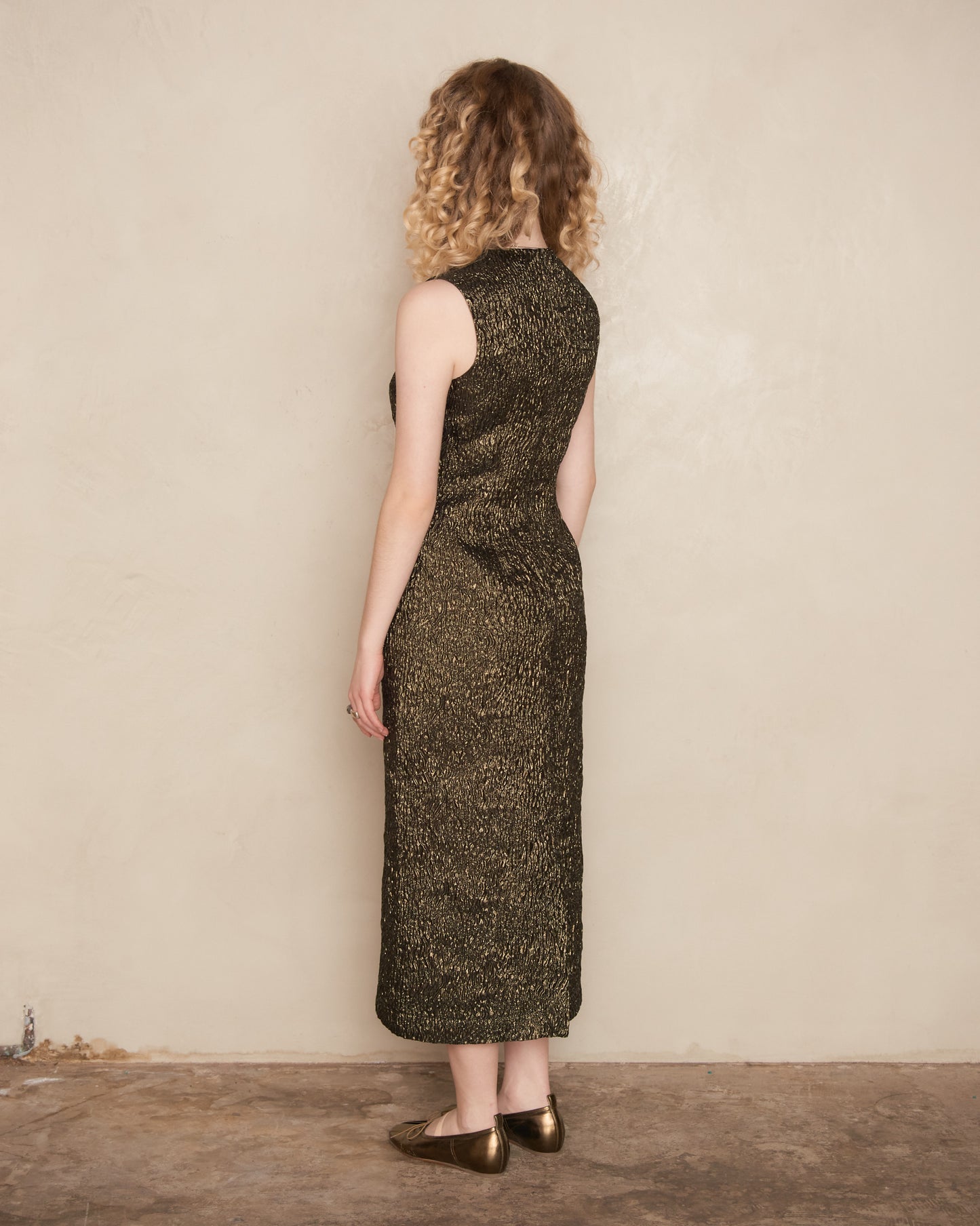 Metallic Moss Sleeveless Dart Dress