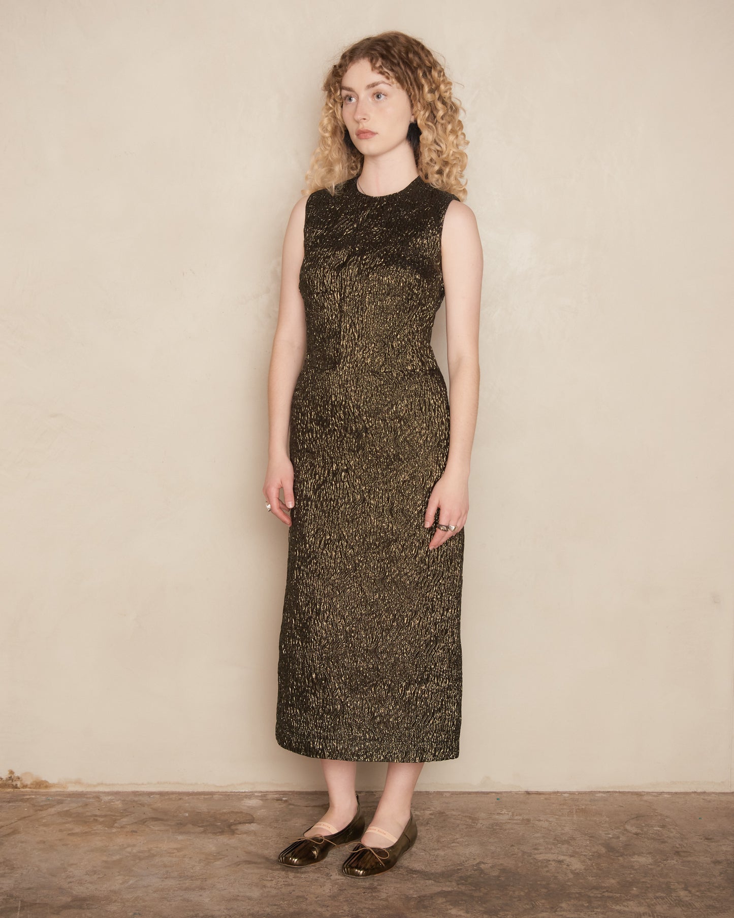 Metallic Moss Sleeveless Dart Dress