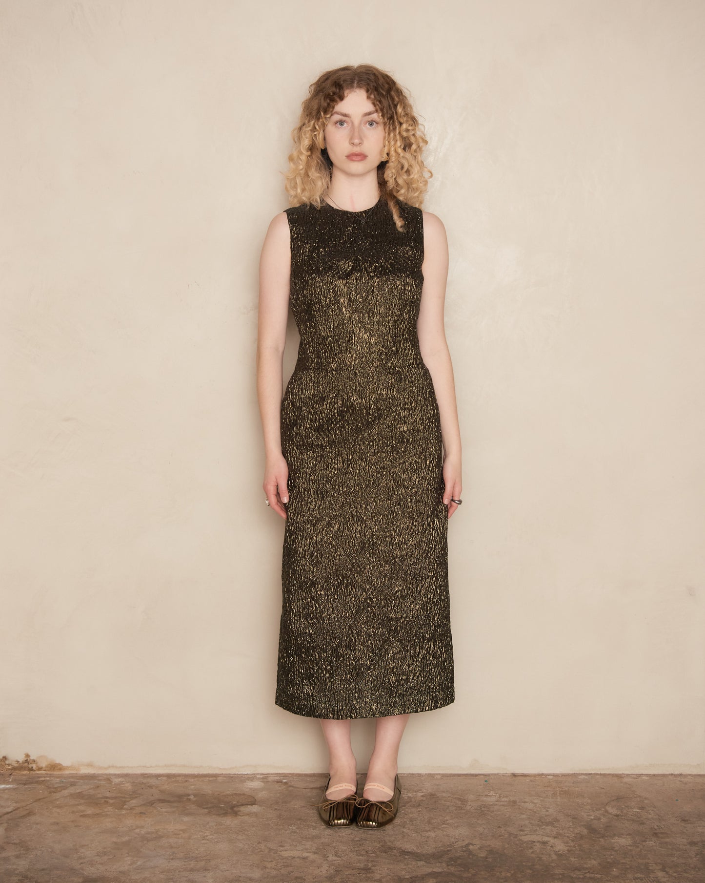 Metallic Moss Sleeveless Dart Dress