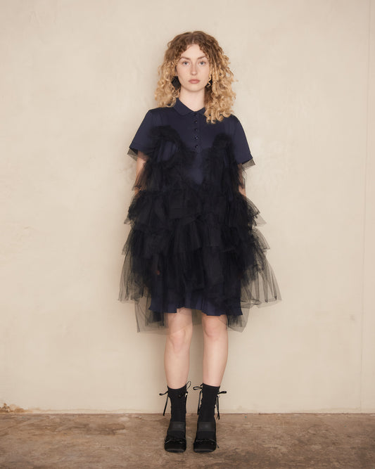 Navy and Black Tiered Tulle Polo Dress