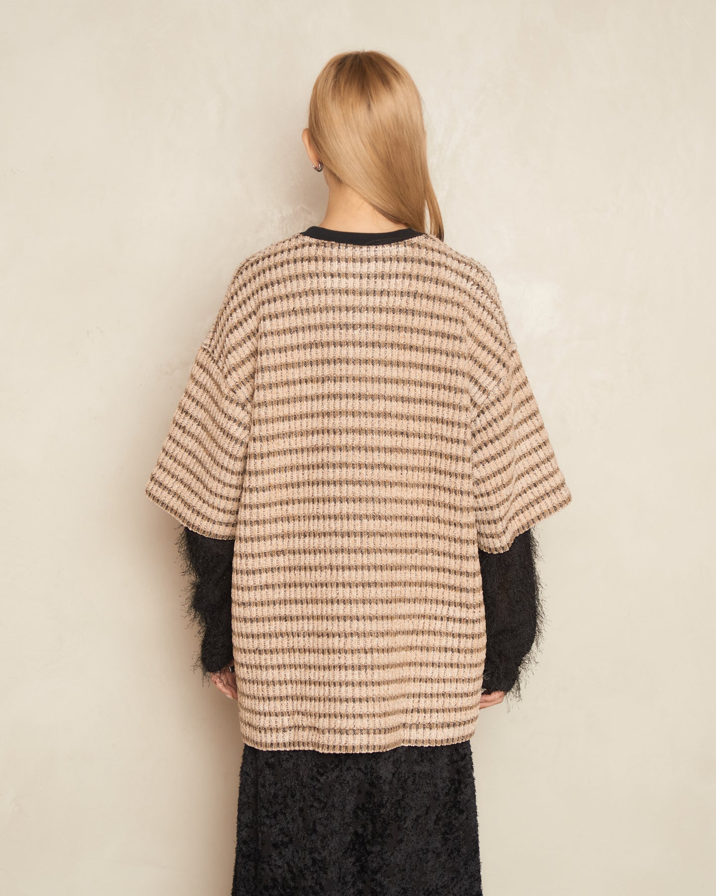 Beige Knit Double Layered Sleeve Pullover