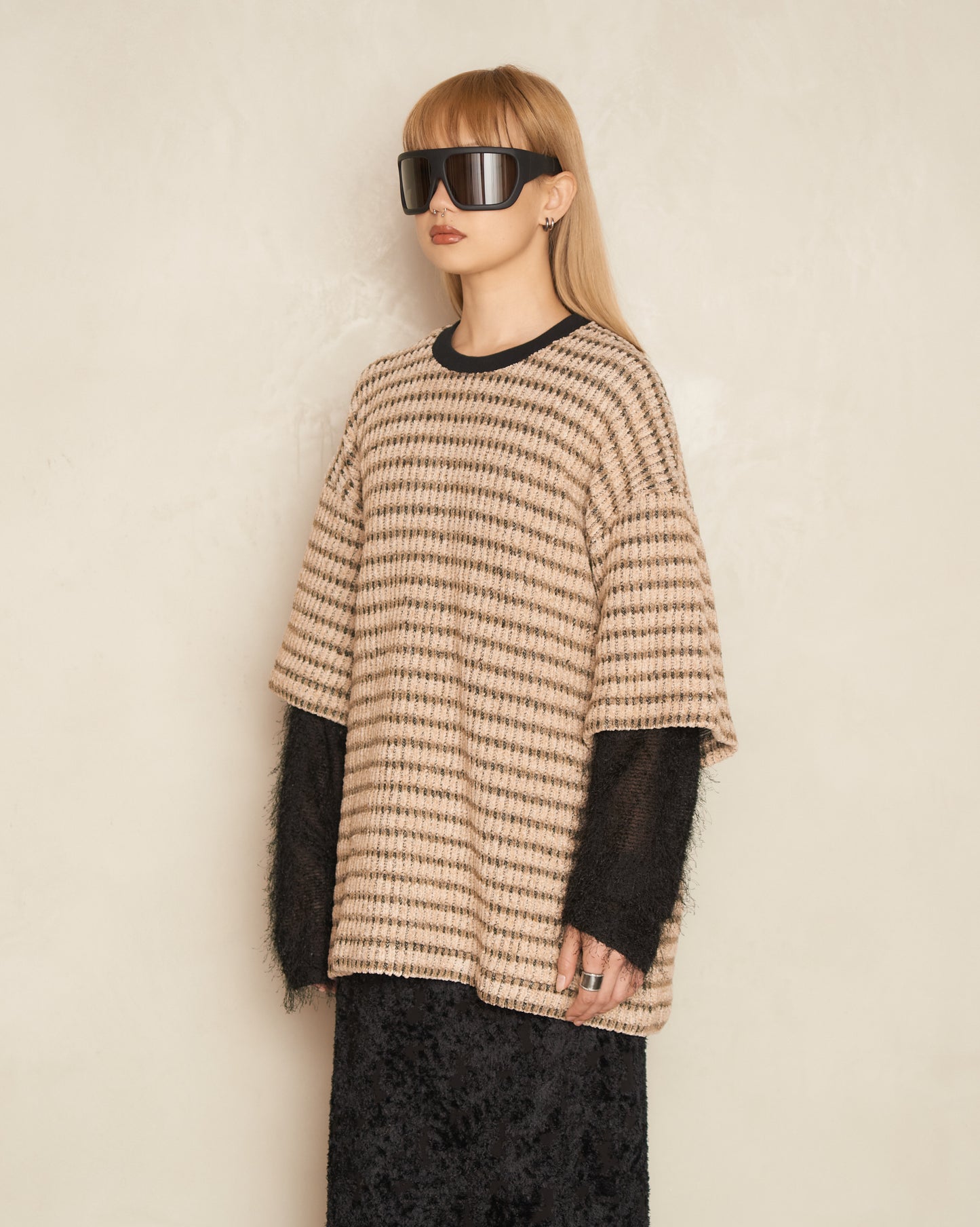 Beige Knit Double Layered Sleeve Pullover