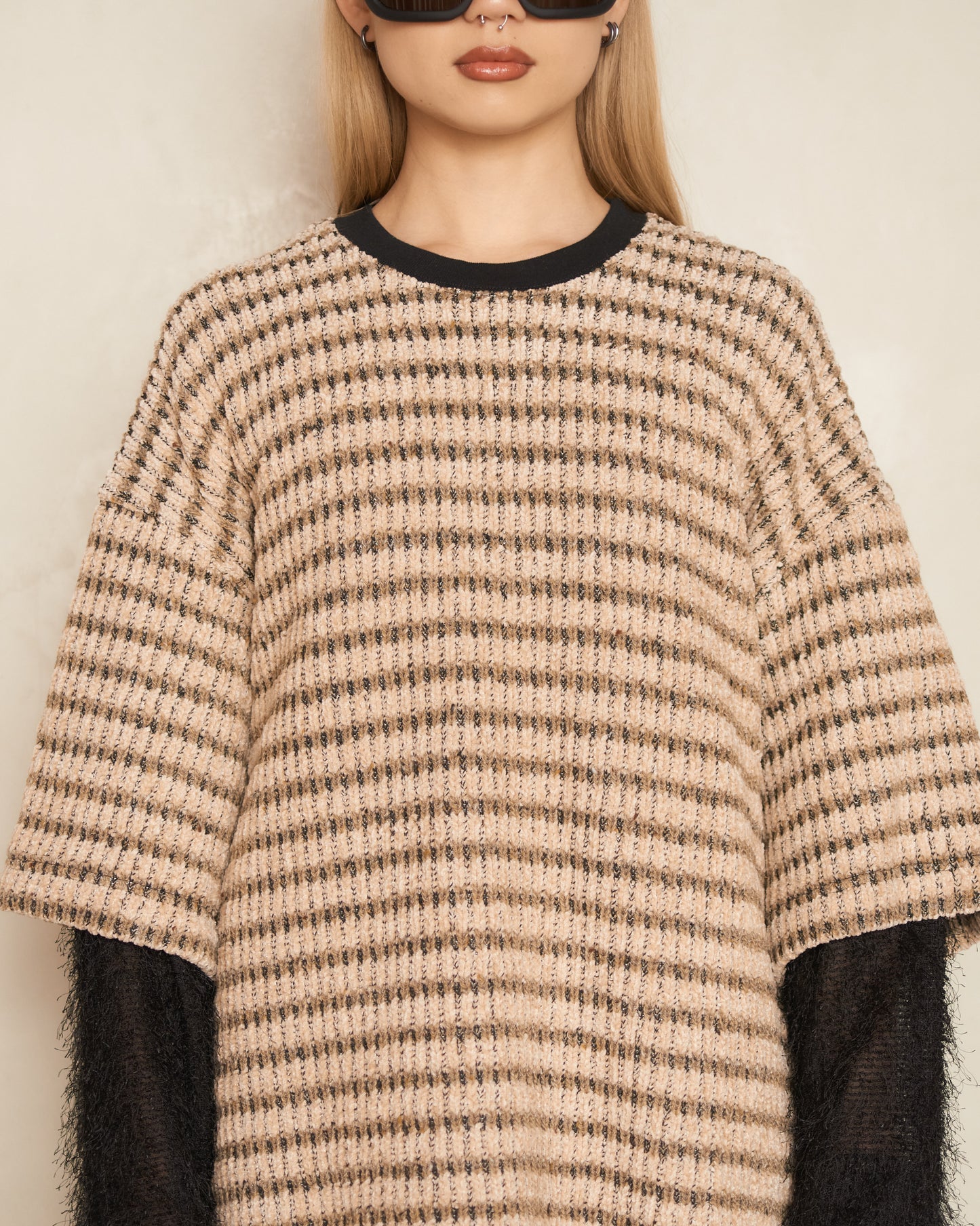 Beige Knit Double Layered Sleeve Pullover