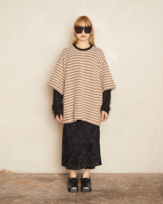 Beige Knit Double Layered Sleeve Pullover