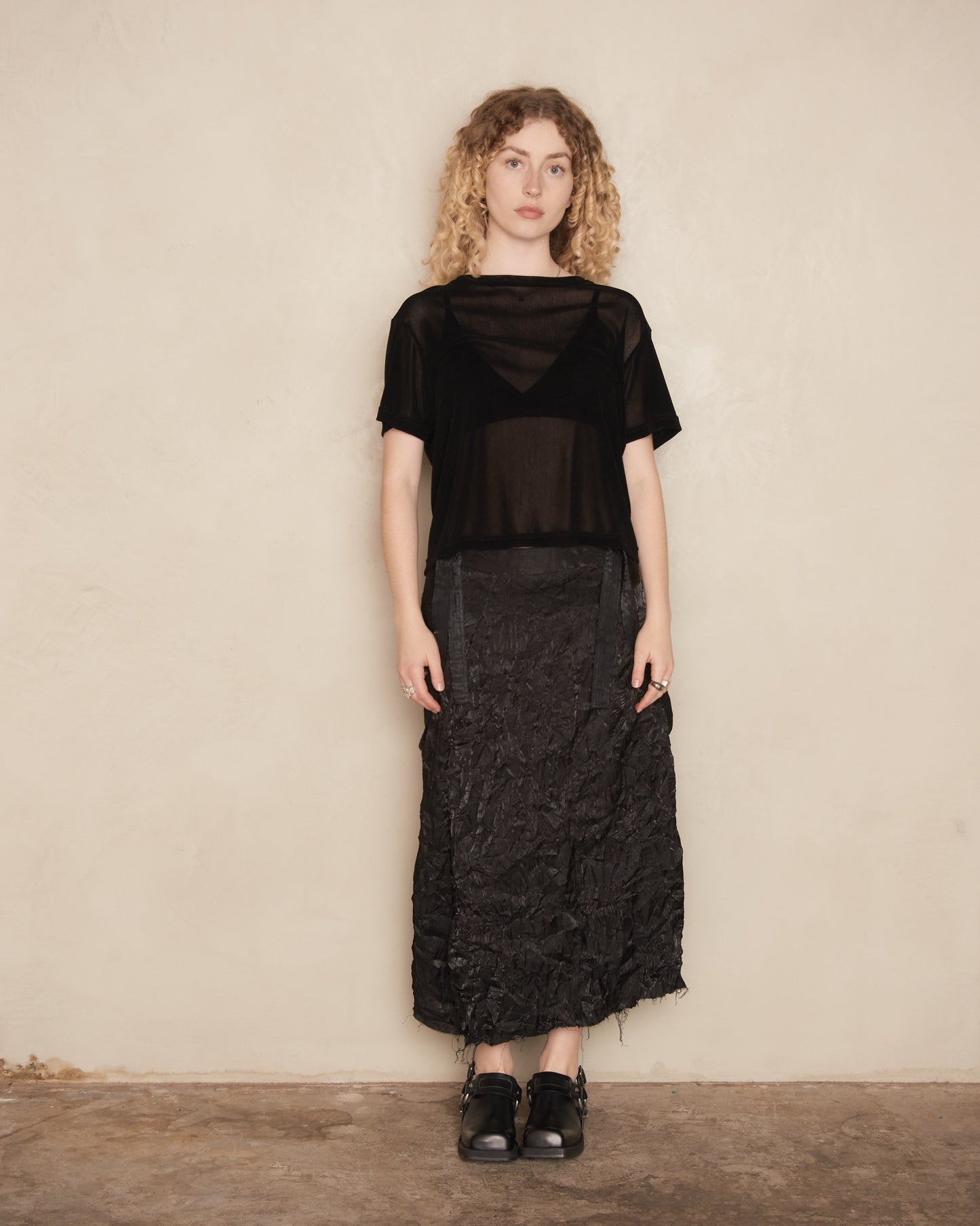 Black Crushed Taffeta Pleated Skirt