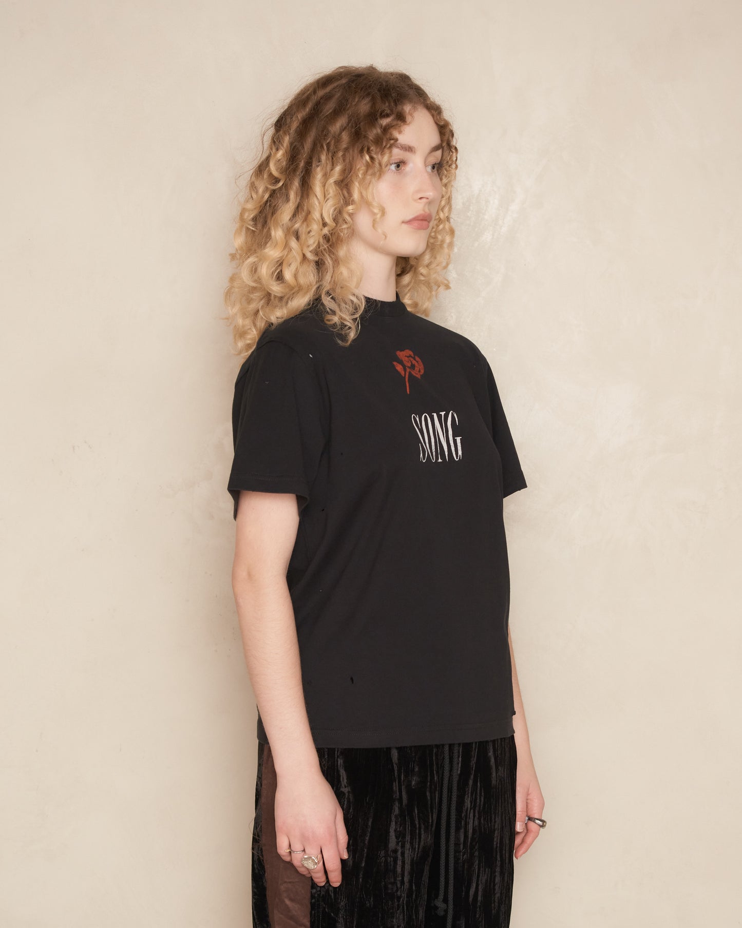 Black Draped Rose Print T-Shirt