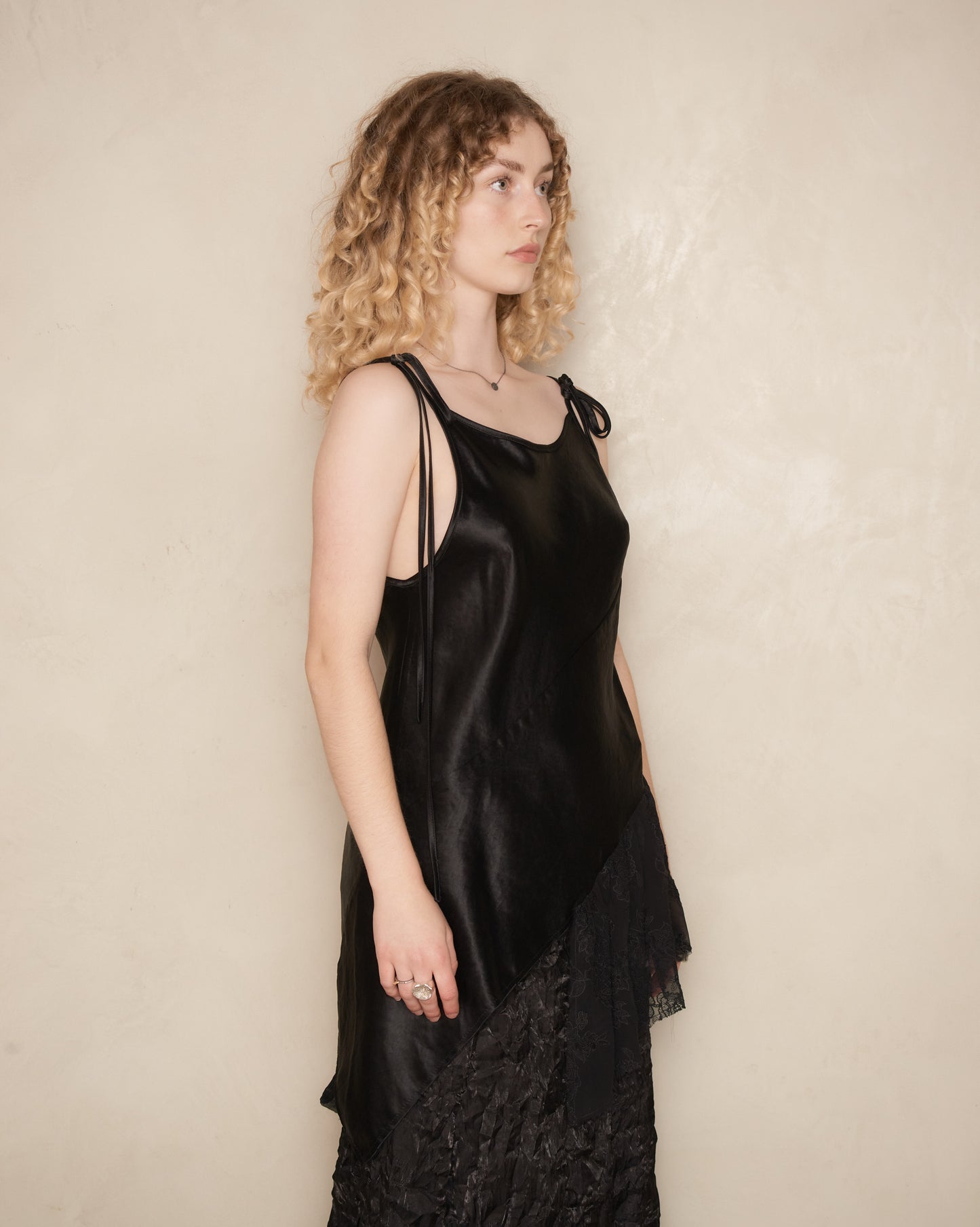 Black Draped Satin Bias Slip Top