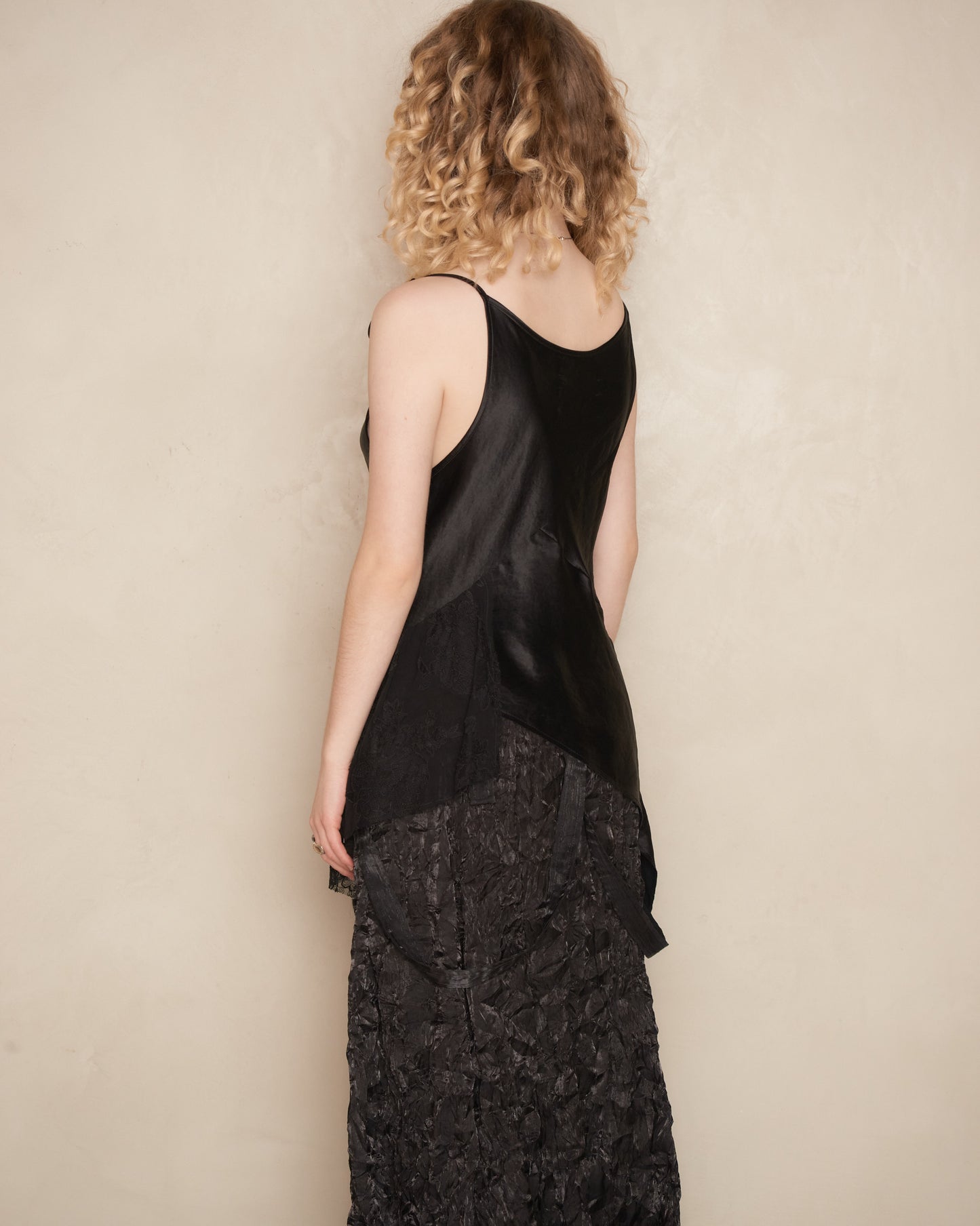 Black Draped Satin Bias Slip Top