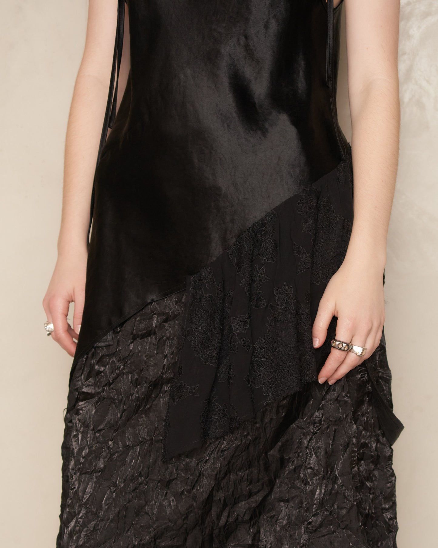 Black Draped Satin Bias Slip Top