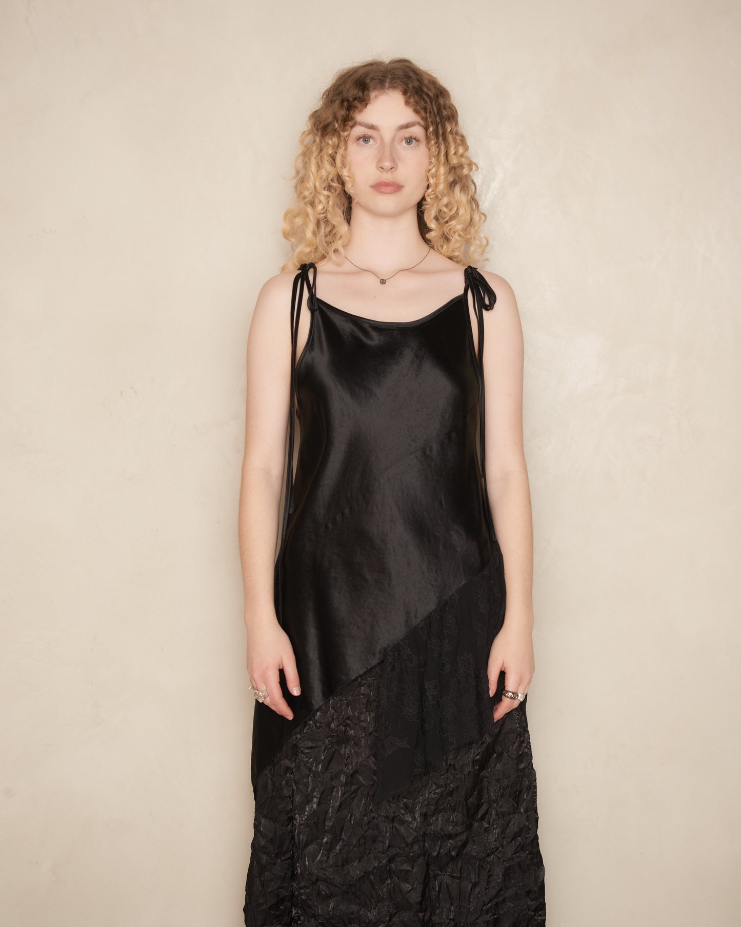 Black Draped Satin Bias Slip Top