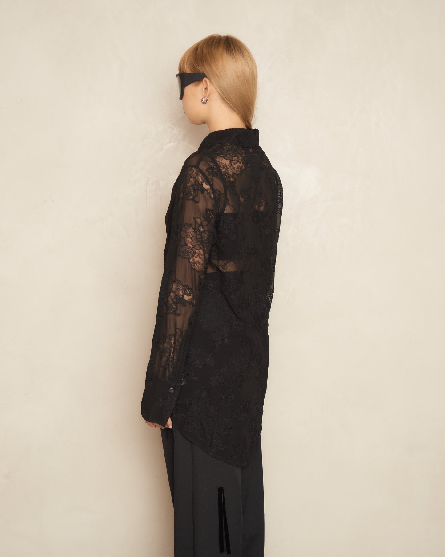 Black Embroidered Lace Long Sleeve Shirt