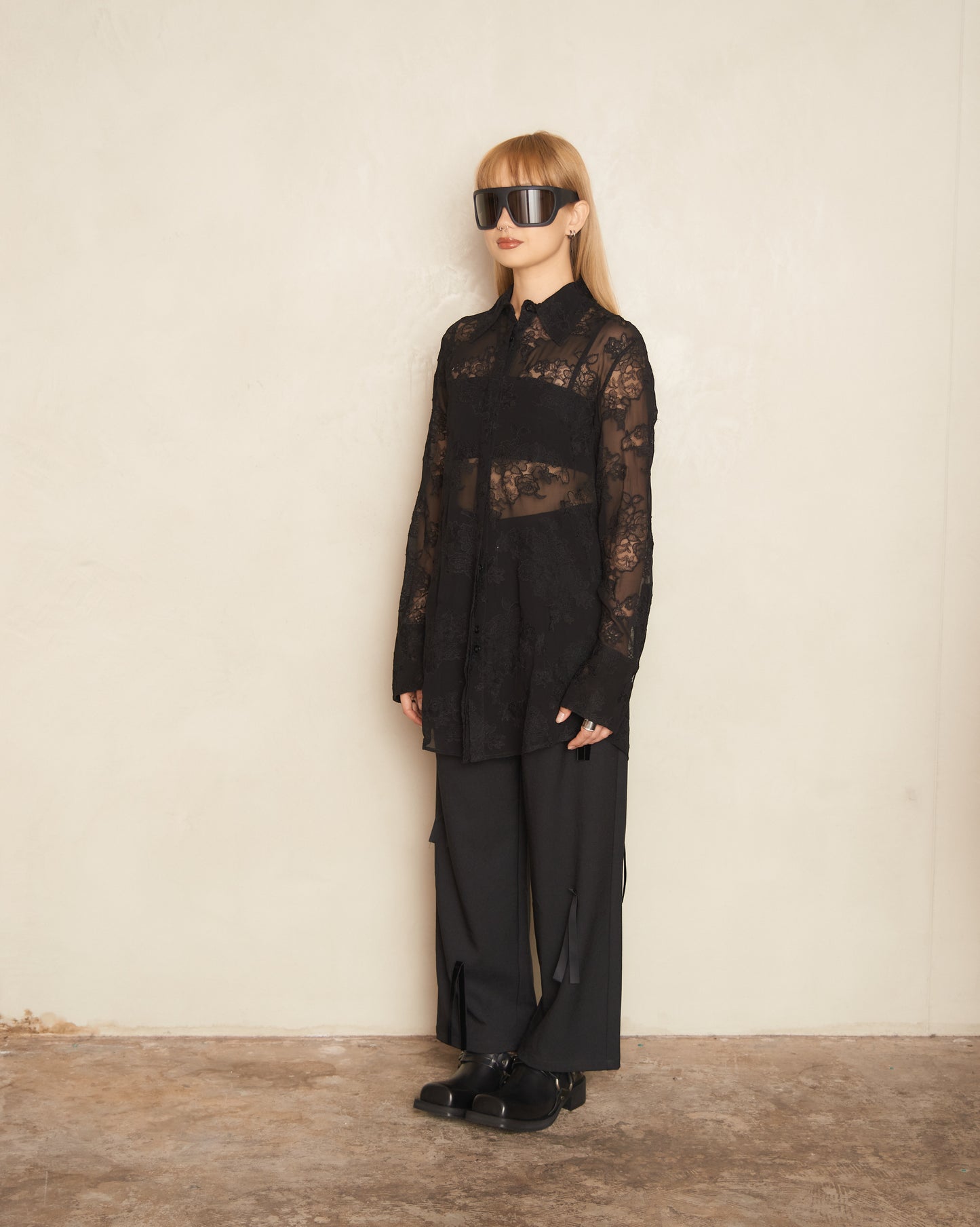 Black Embroidered Lace Long Sleeve Shirt