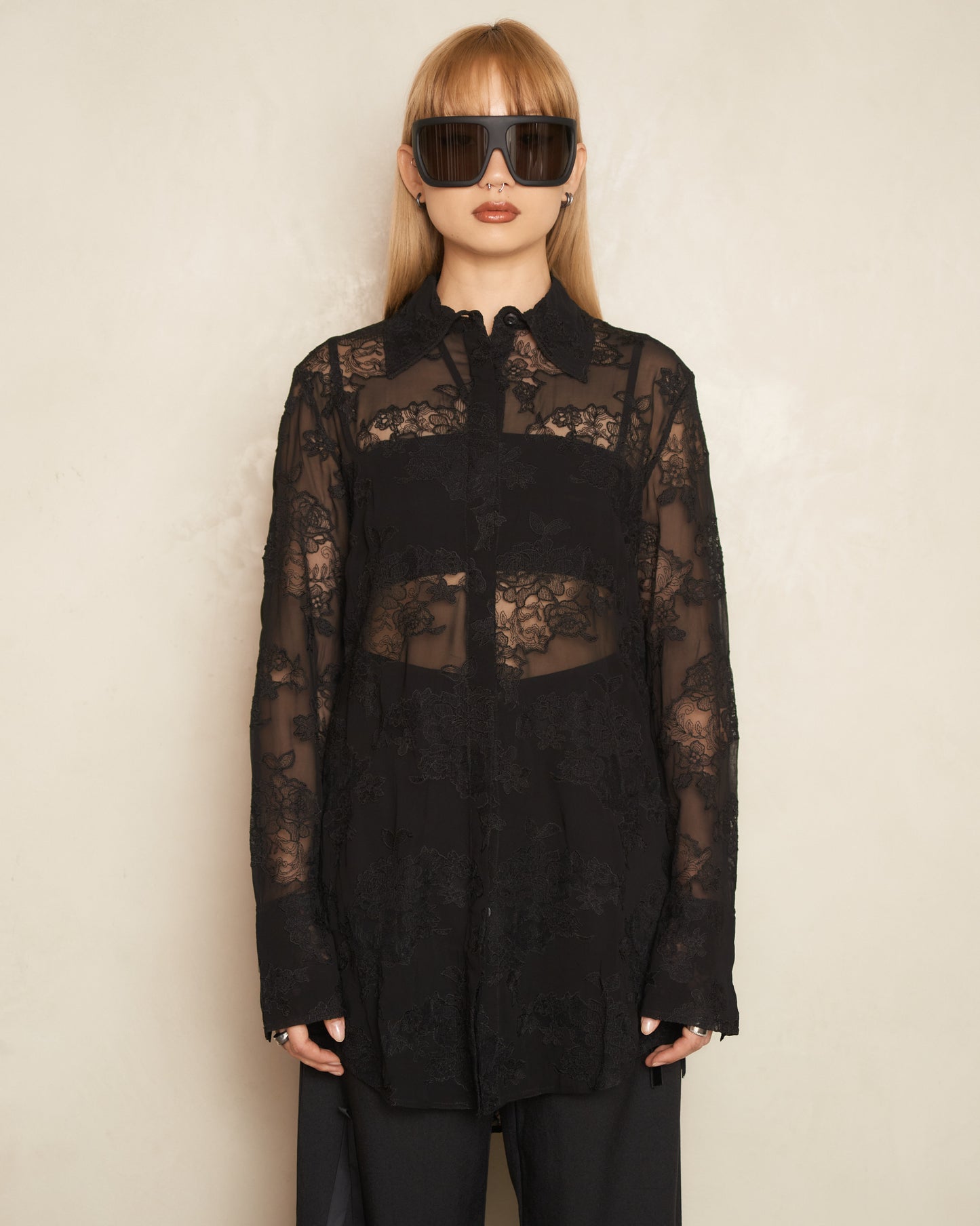 Black Embroidered Lace Long Sleeve Shirt