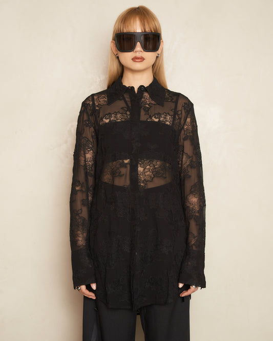 Black Embroidered Lace Long Sleeve Shirt