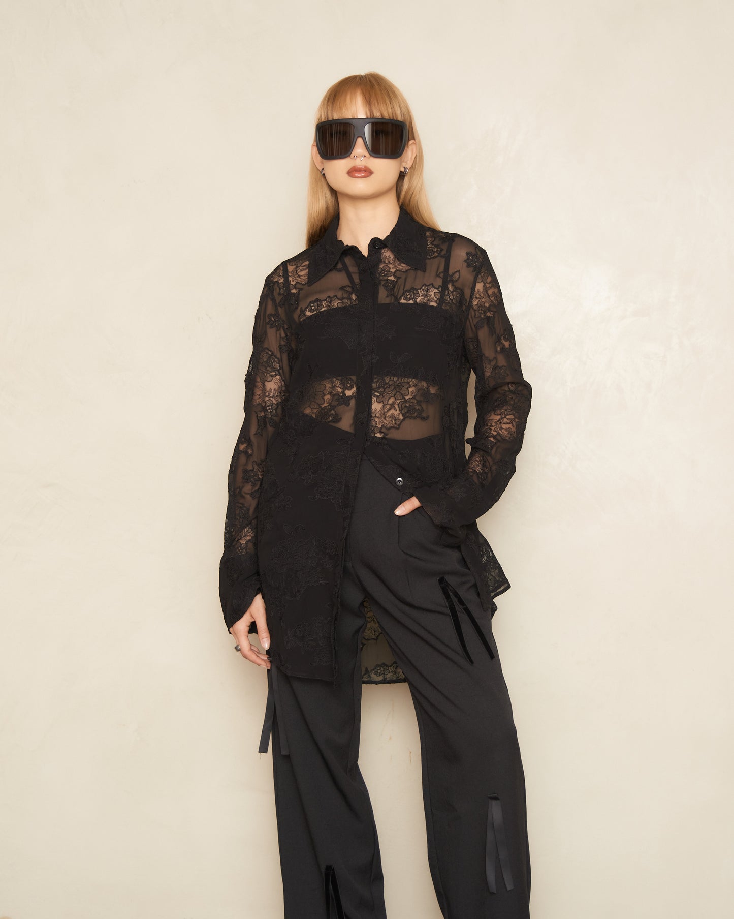 Black Embroidered Lace Long Sleeve Shirt