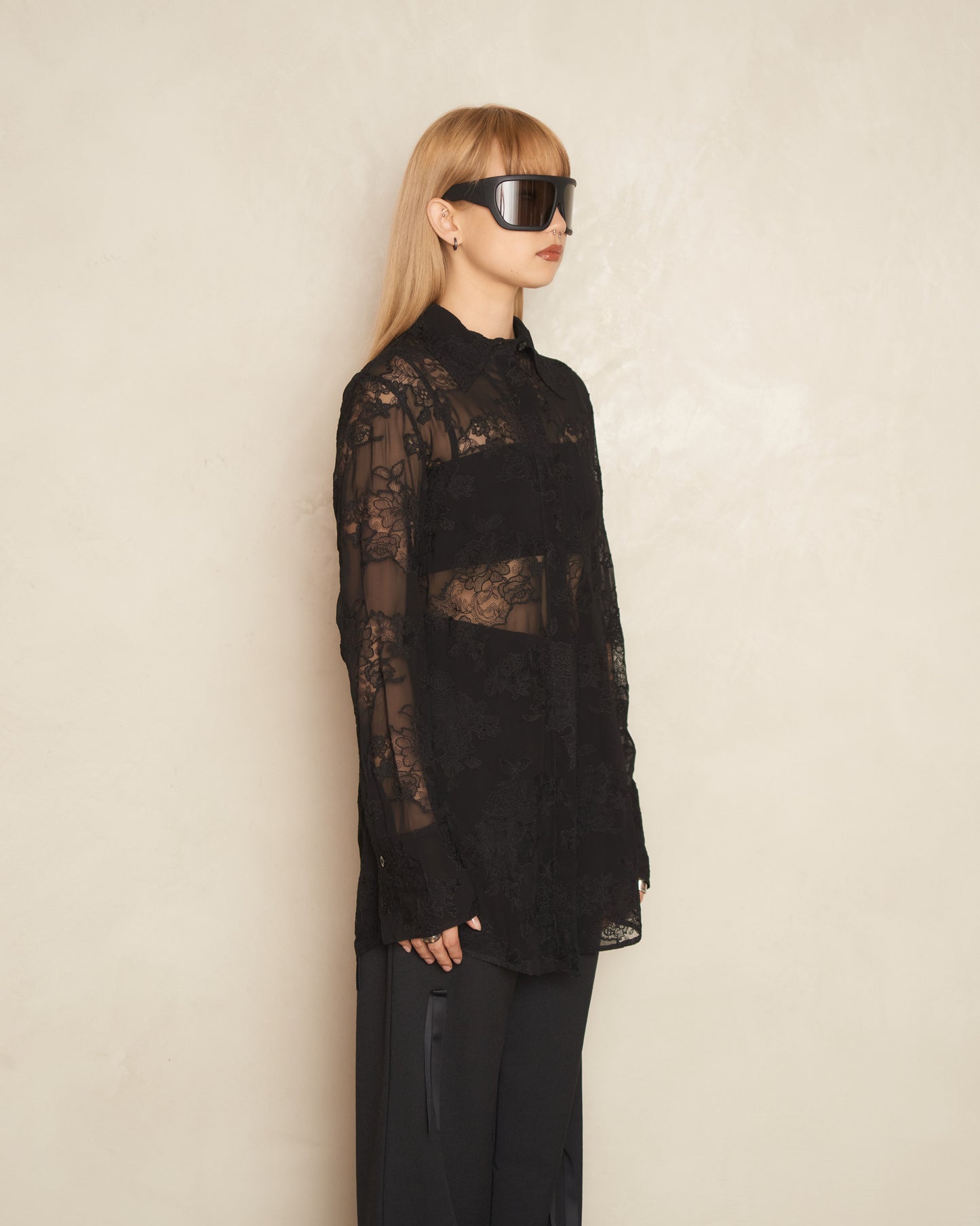 Black Embroidered Lace Long Sleeve Shirt