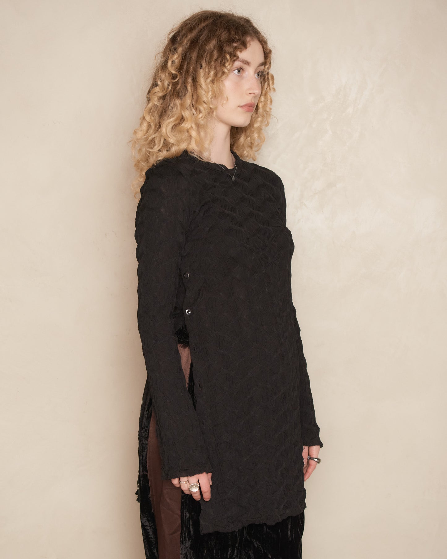 Black Webbed Side Split Long Sleeve Top