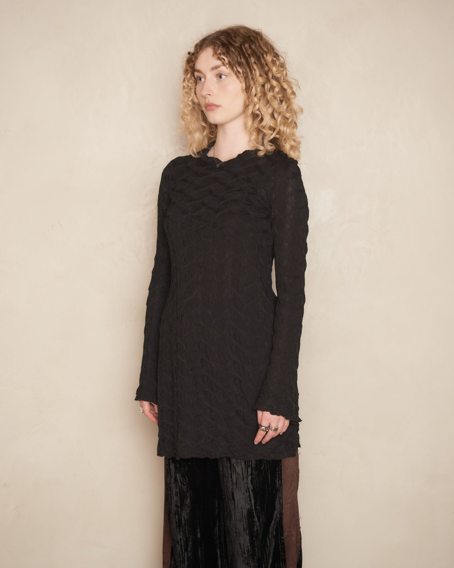 Black Webbed Side Split Long Sleeve Top