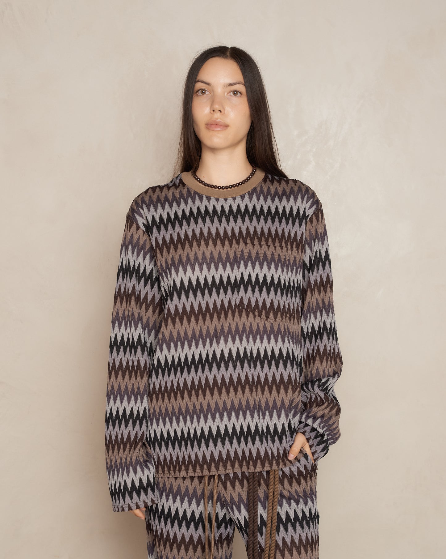 Brown Zig Zag Knit Crew Neck Pullover