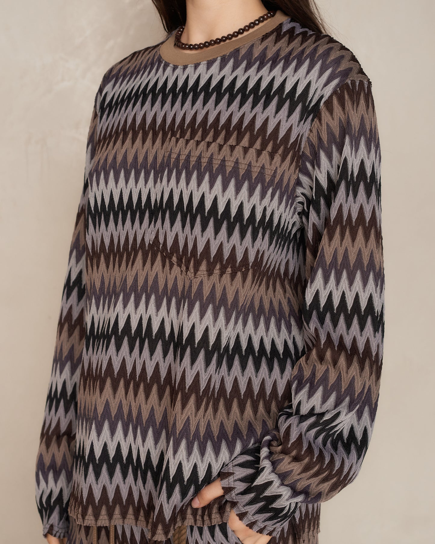 Brown Zig Zag Knit Crew Neck Pullover