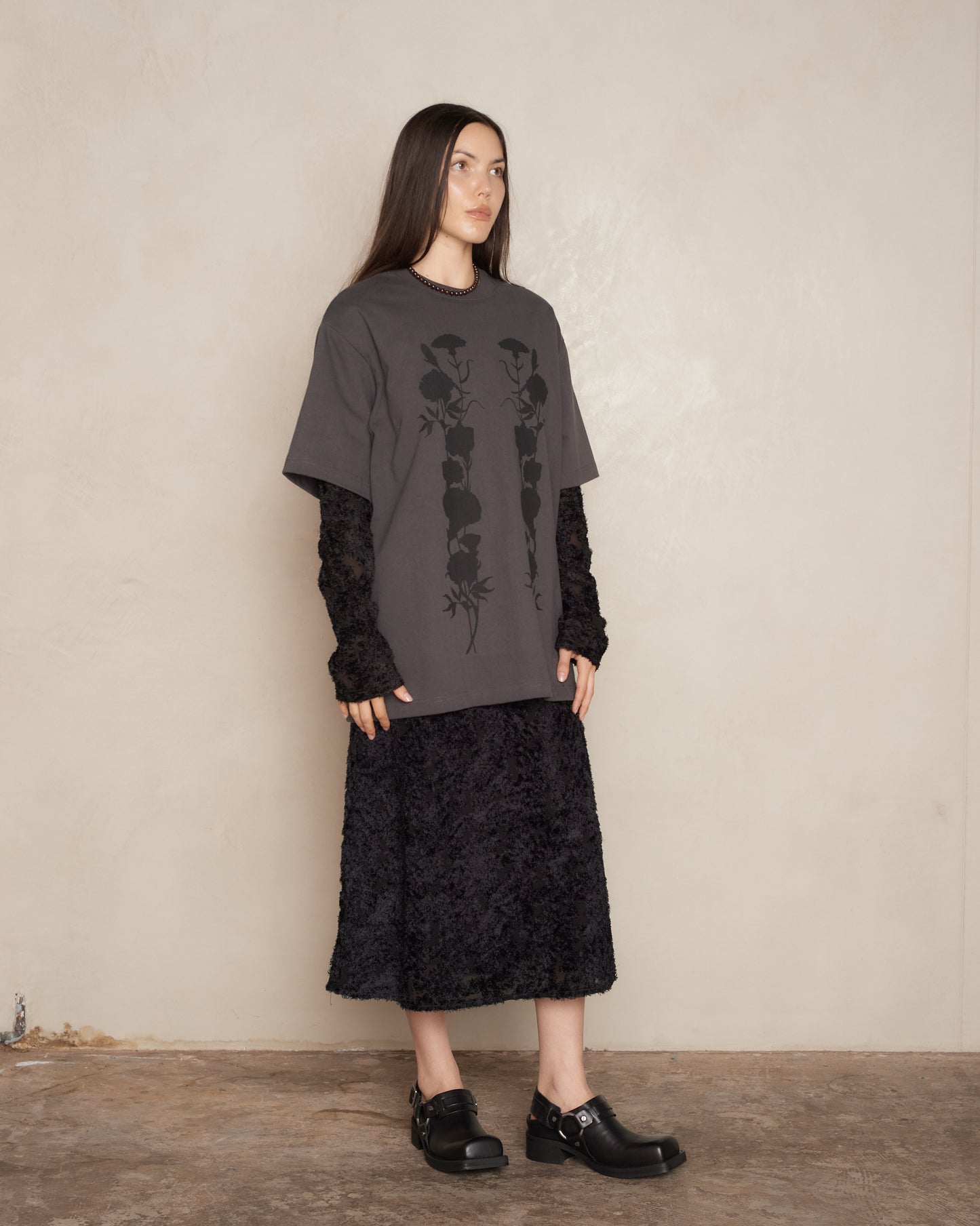 Washed Black Foliage Double Layered T-shirt