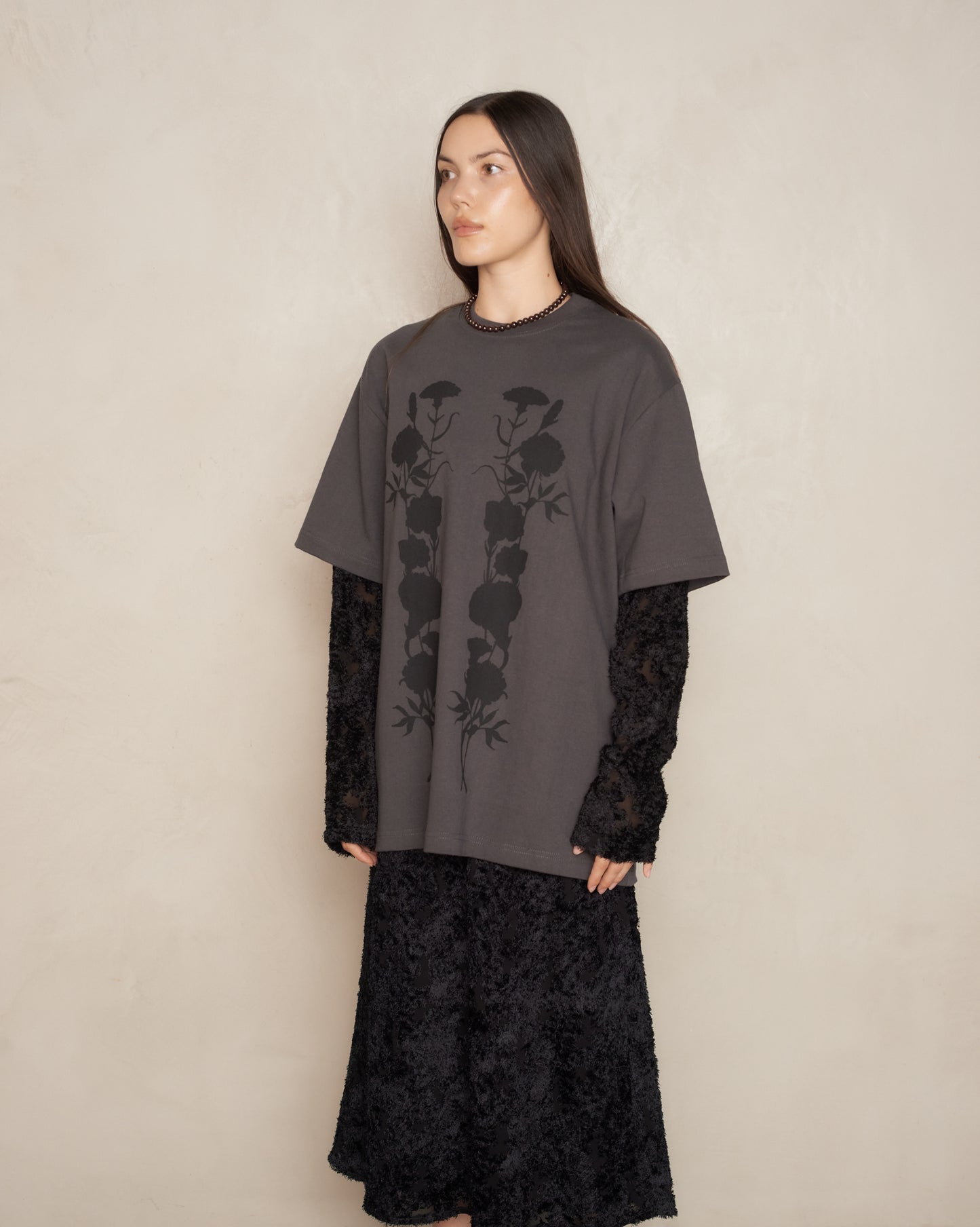 Washed Black Foliage Double Layered T-shirt