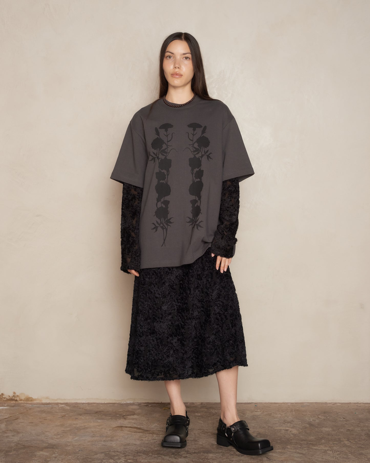 Washed Black Foliage Double Layered T-shirt