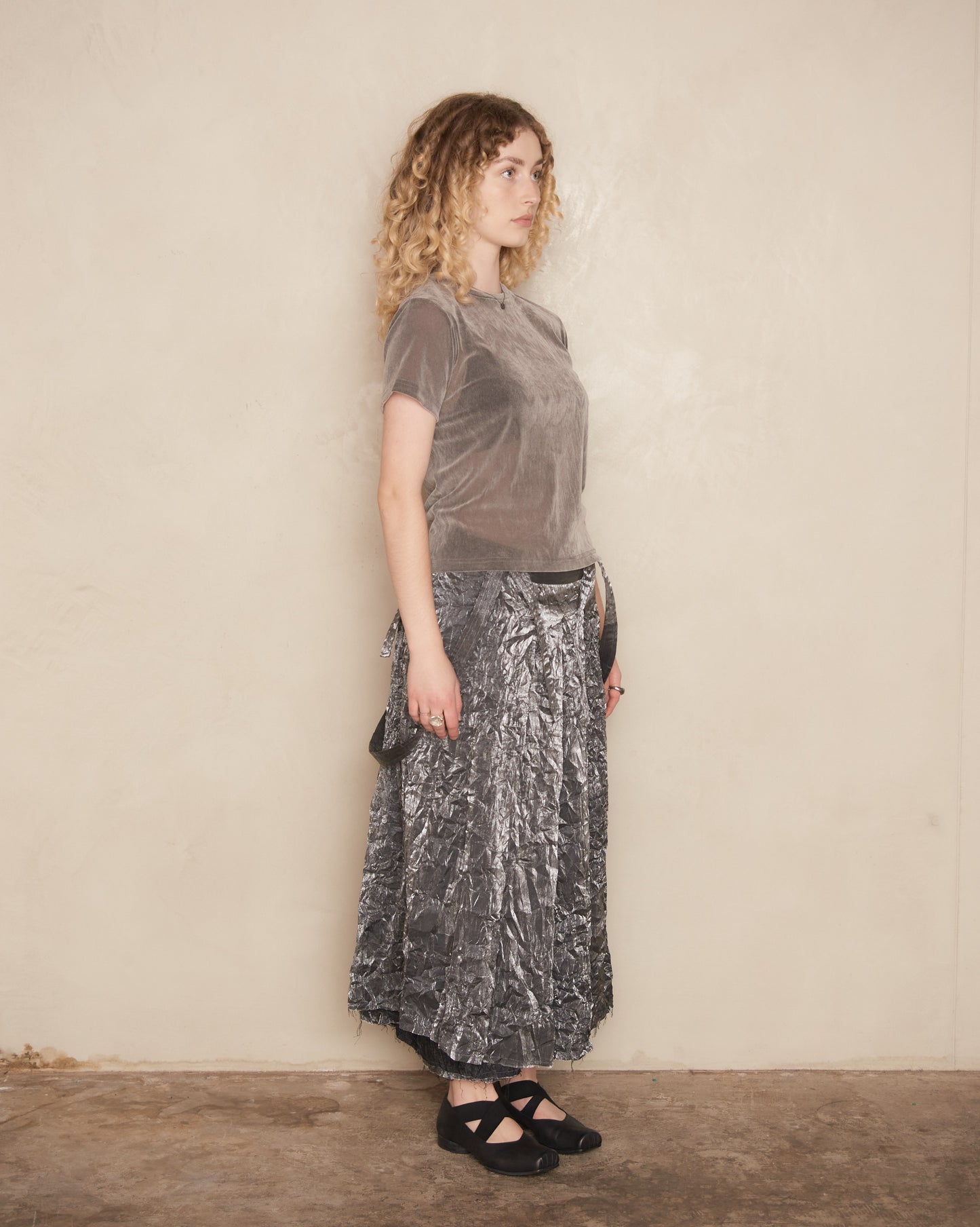 Silver Crushed Taffeta Pleated Skirt