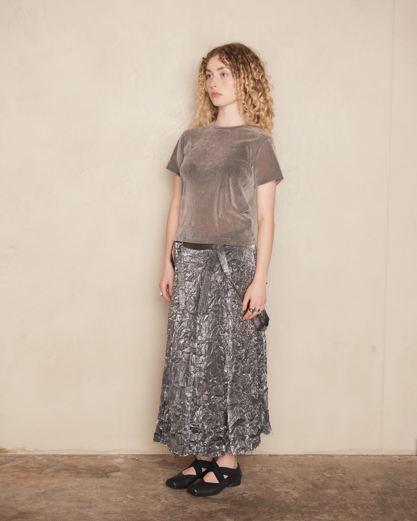 Silver Crushed Taffeta Pleated Skirt