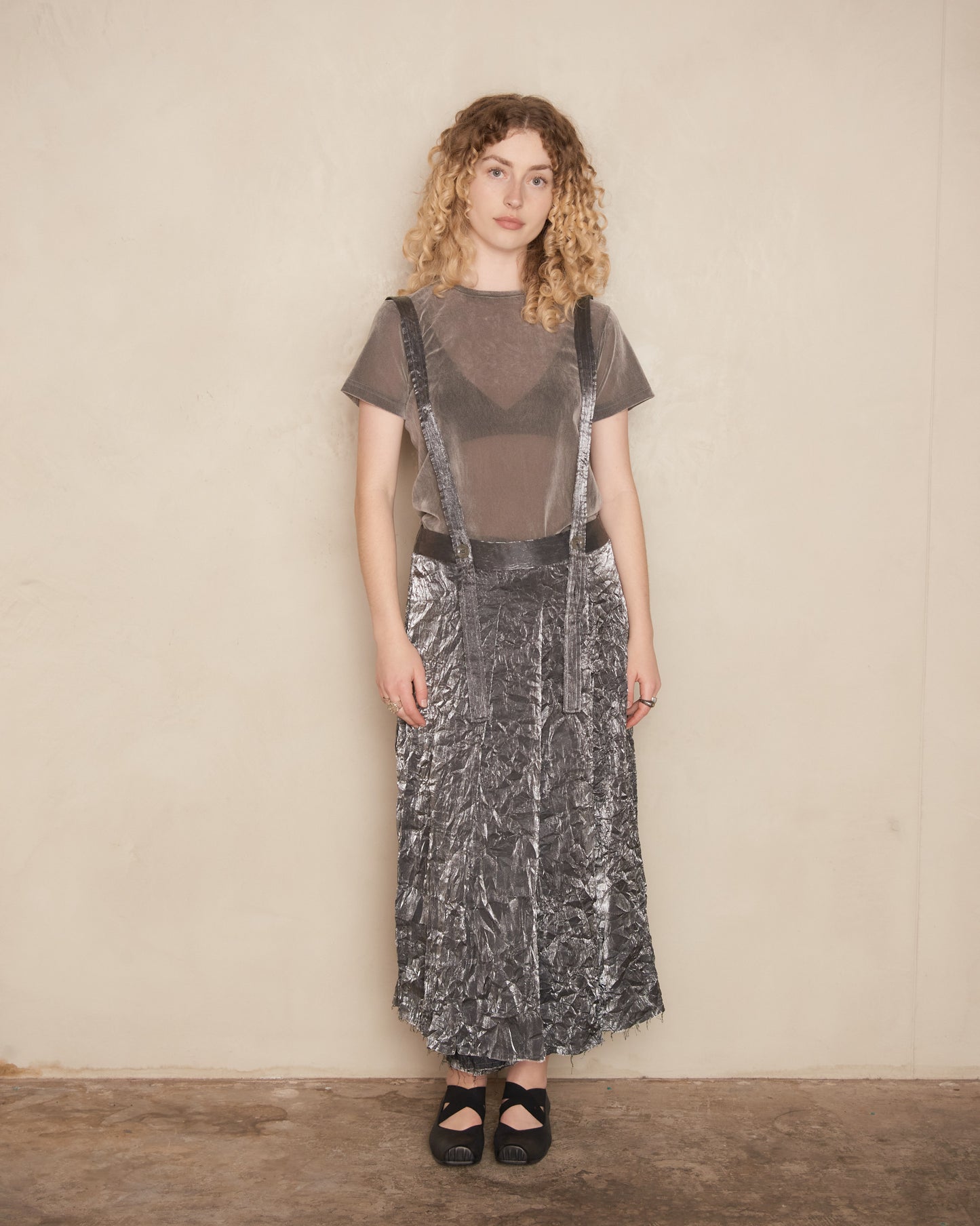 Silver Crushed Taffeta Pleated Skirt