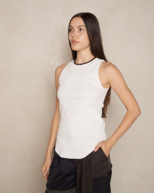 White Ribbed Jersey Basic Tank Top