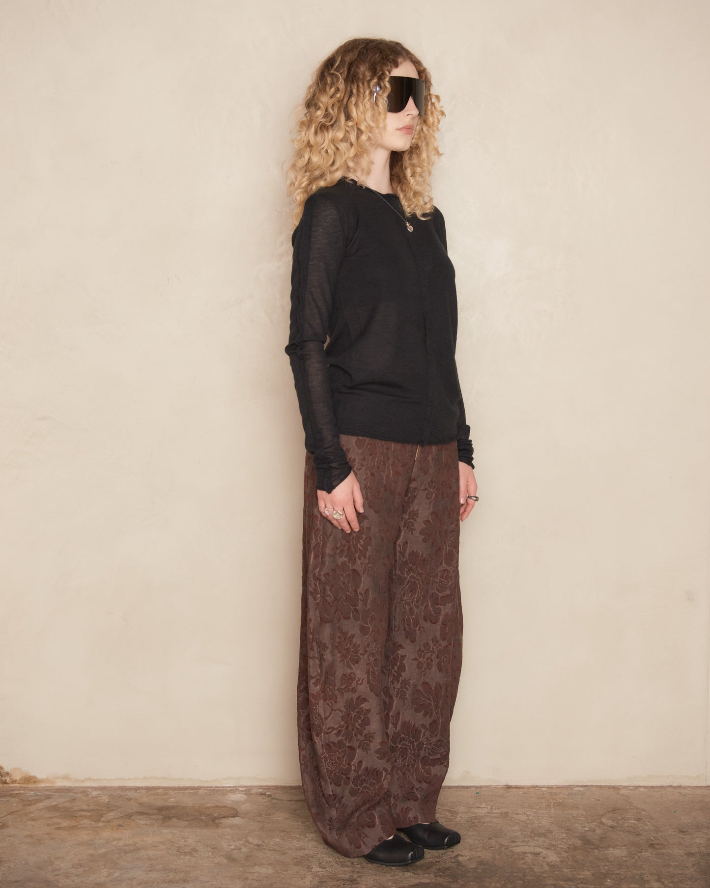 Dark Red Floral Jacquard Pollock Pants