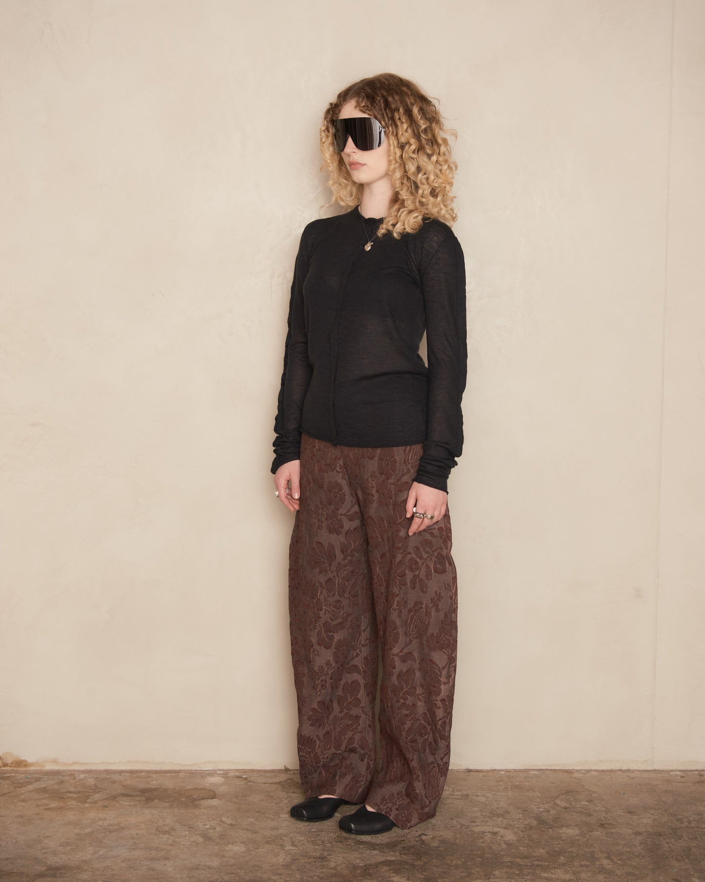 Dark Red Floral Jacquard Pollock Pants